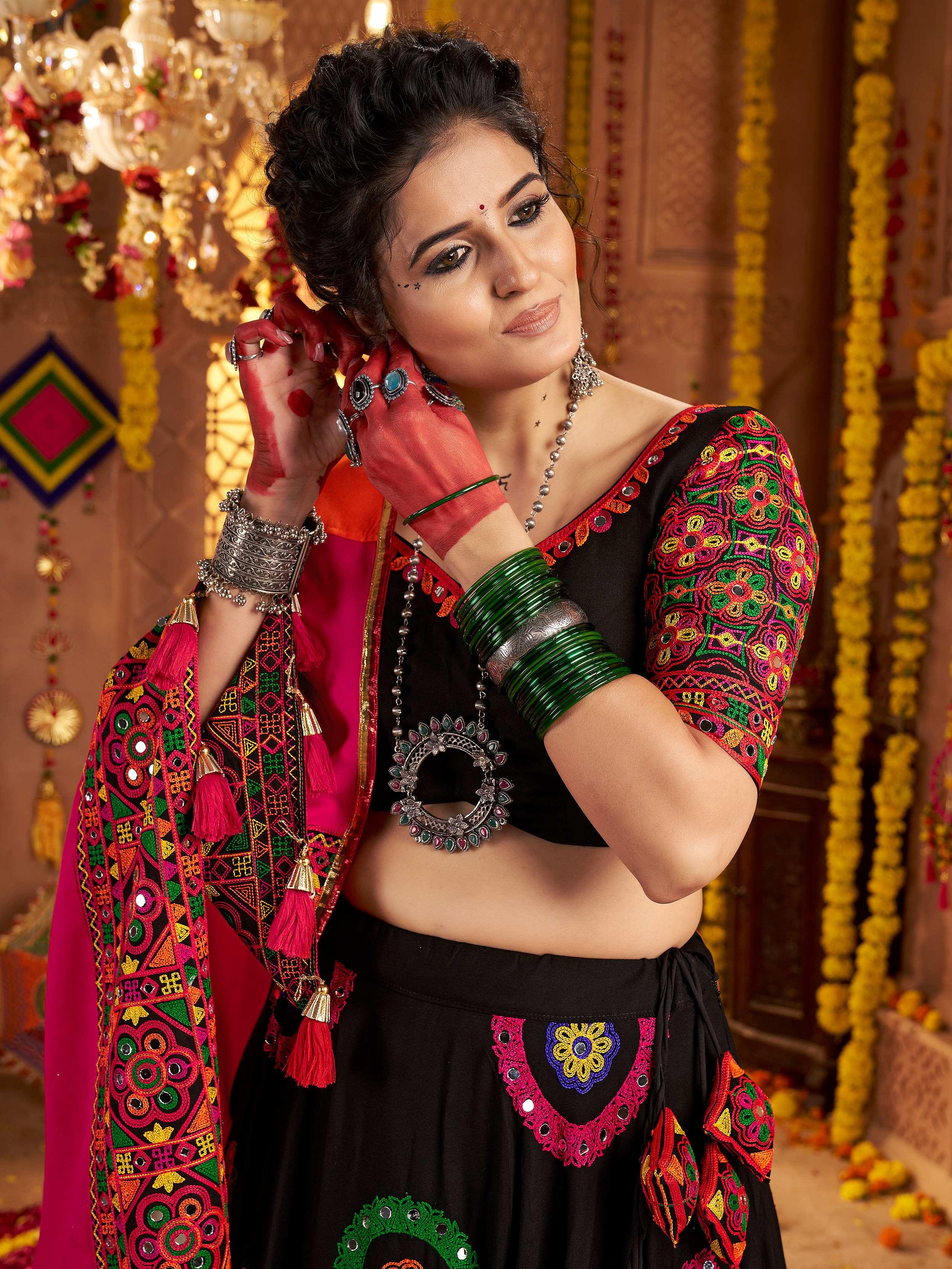 Black viscose cotton mirror thread embroidery Navratri lehenga choli