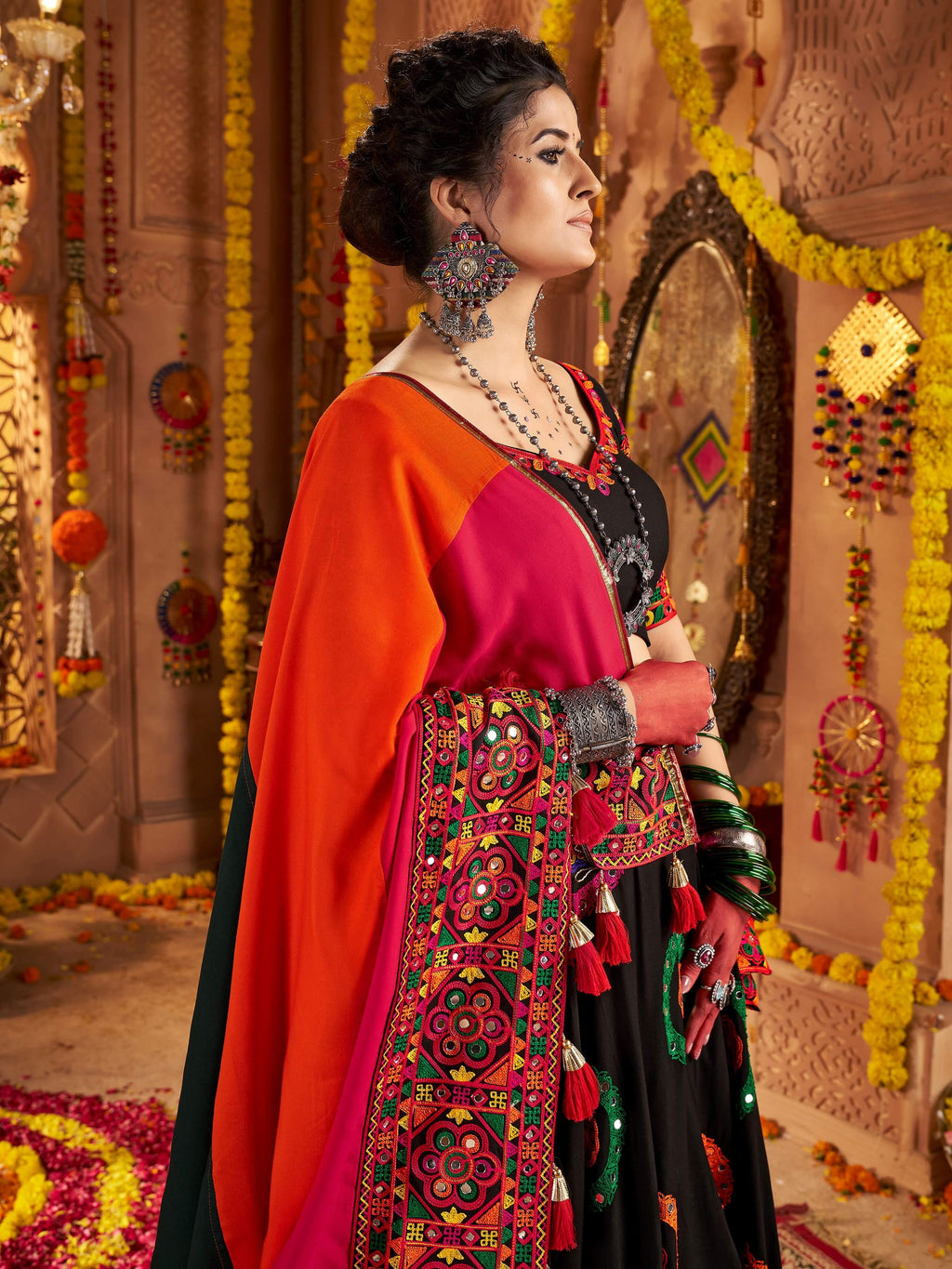 Black viscose cotton mirror thread embroidery Navratri lehenga choli