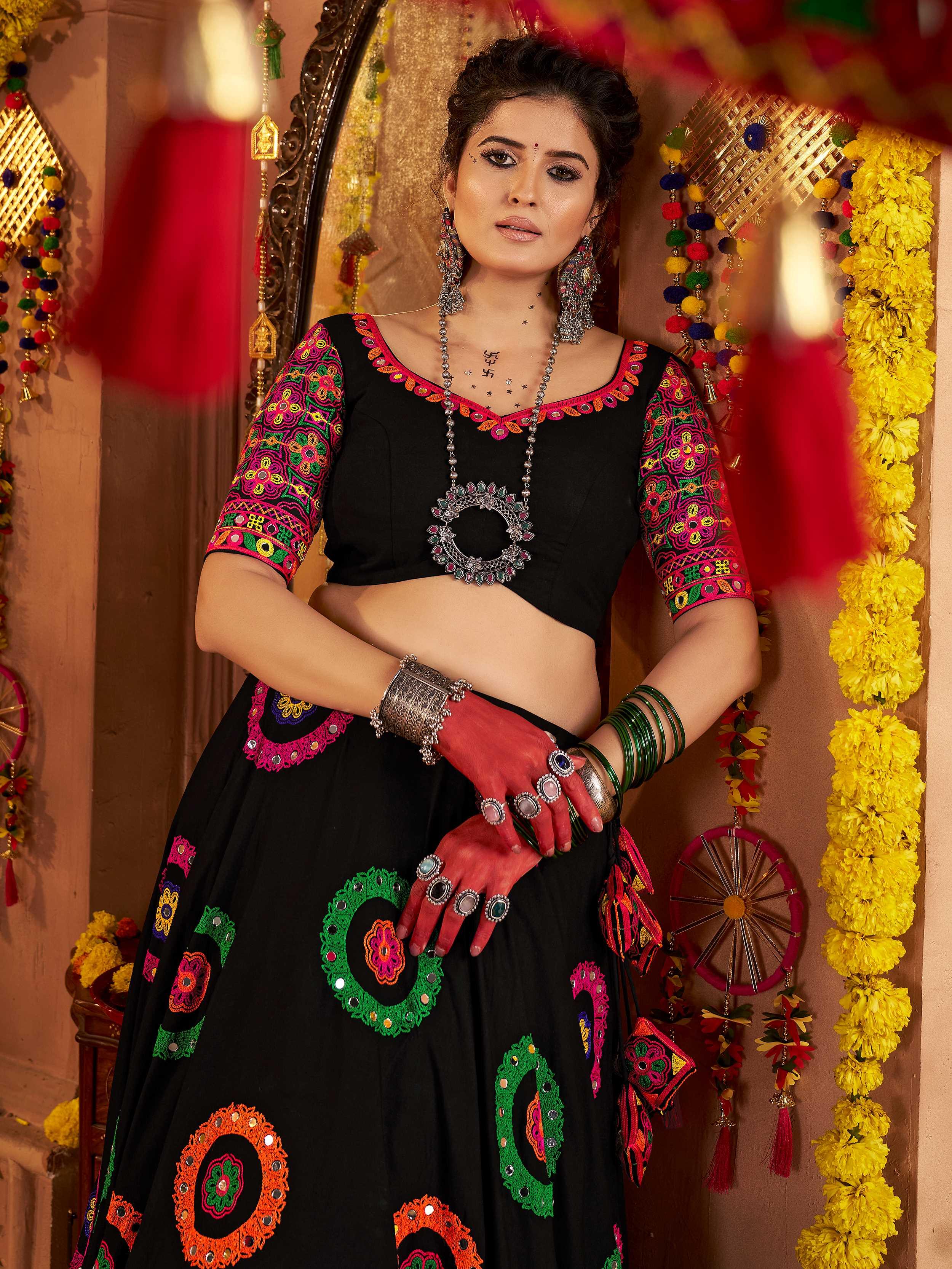 Black viscose cotton mirror thread embroidery Navratri lehenga choli