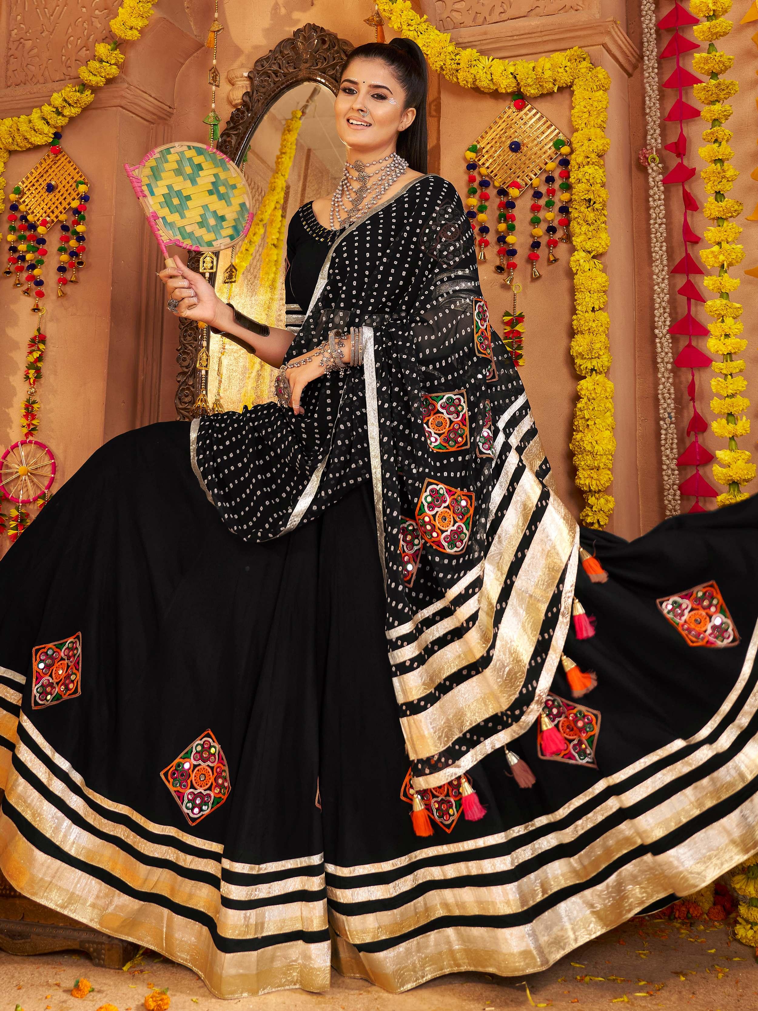 Black viscose rayon mirror and thread embroidered Navratri lehenga choli