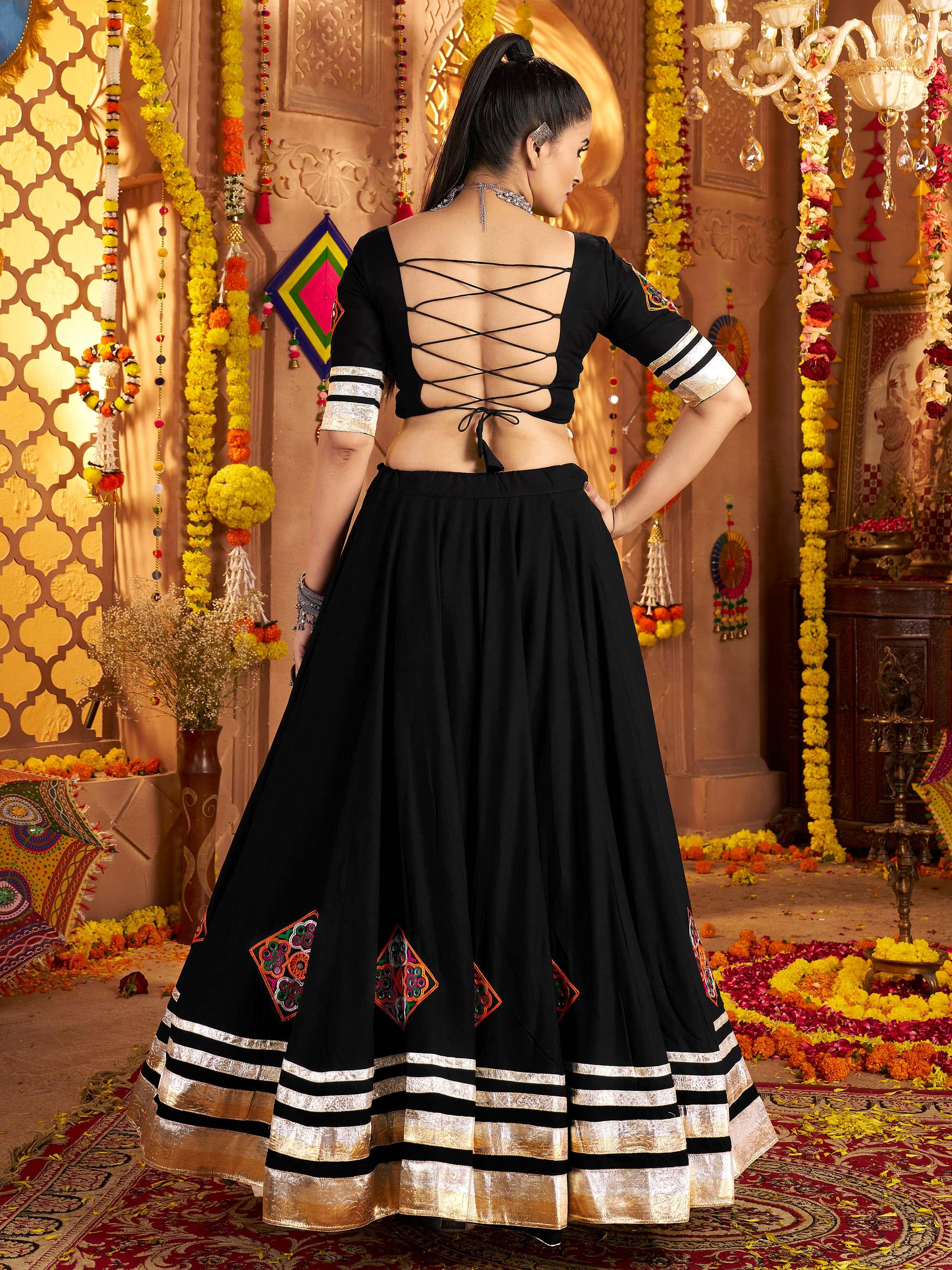 Black viscose rayon mirror and thread embroidered Navratri lehenga choli