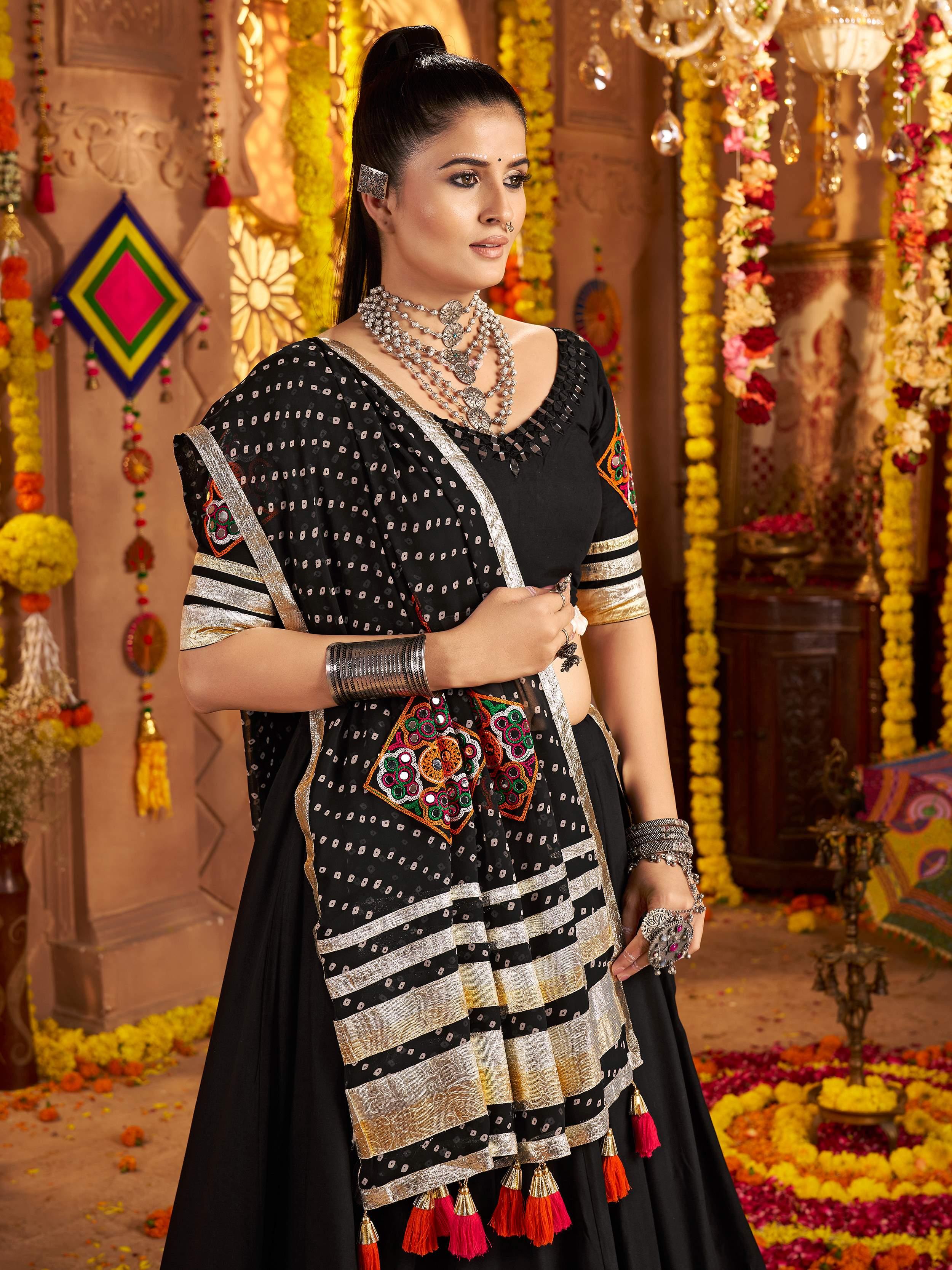 Black viscose rayon mirror and thread embroidered Navratri lehenga choli