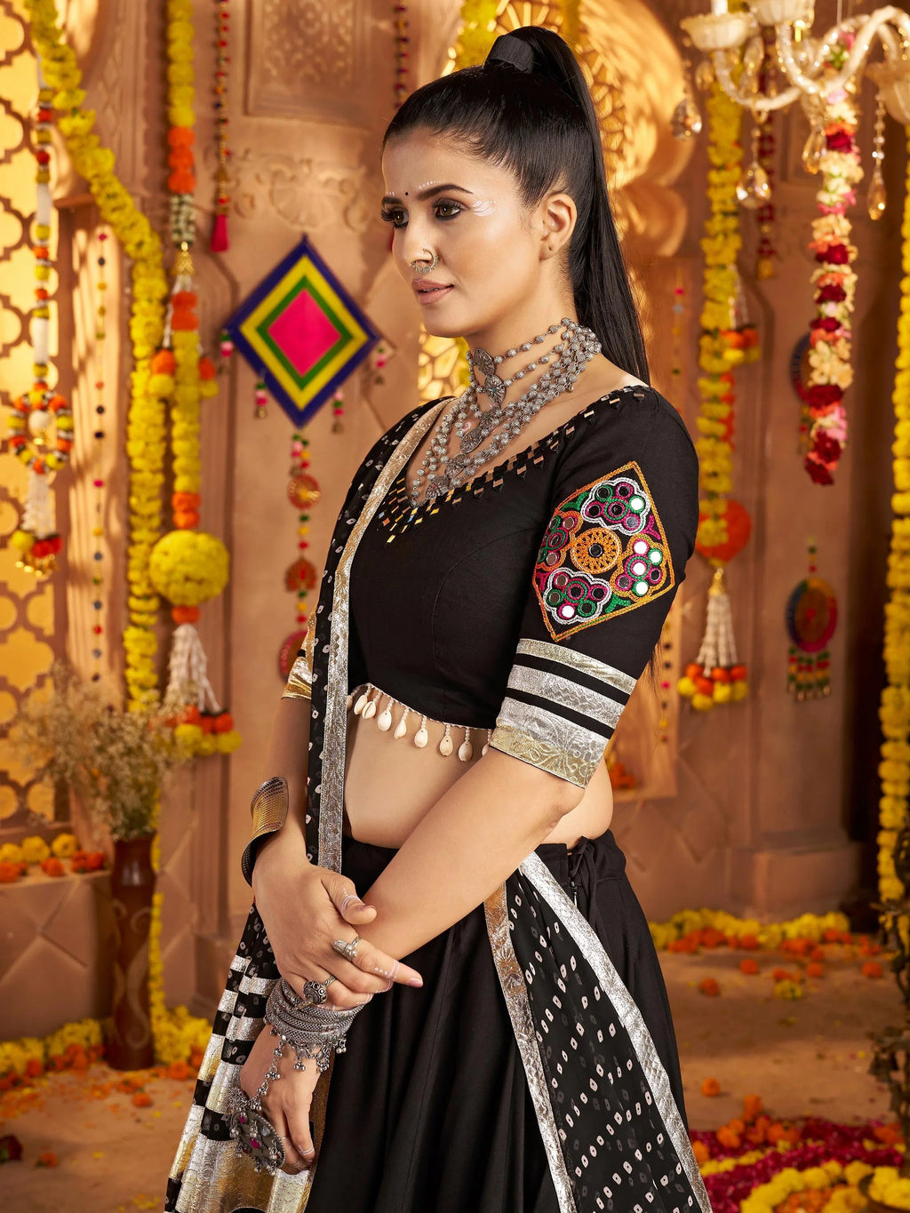 Black viscose rayon mirror and thread embroidered Navratri lehenga choli