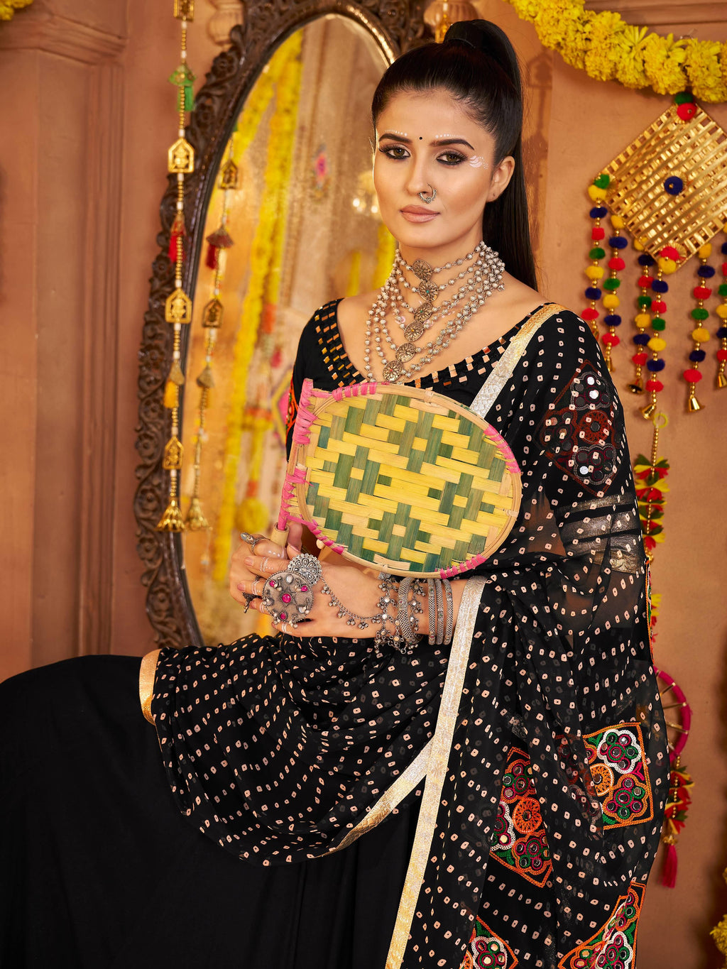 Black viscose rayon mirror and thread embroidered Navratri lehenga choli