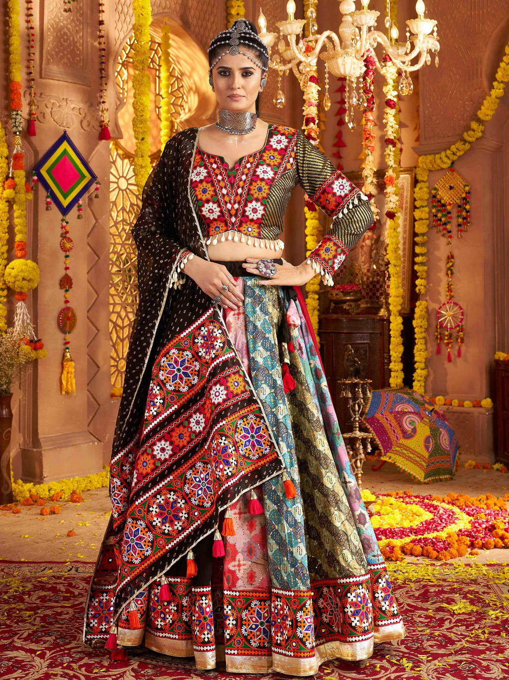 Black viscose rayon mirror embroidered Navratri lehenga choli