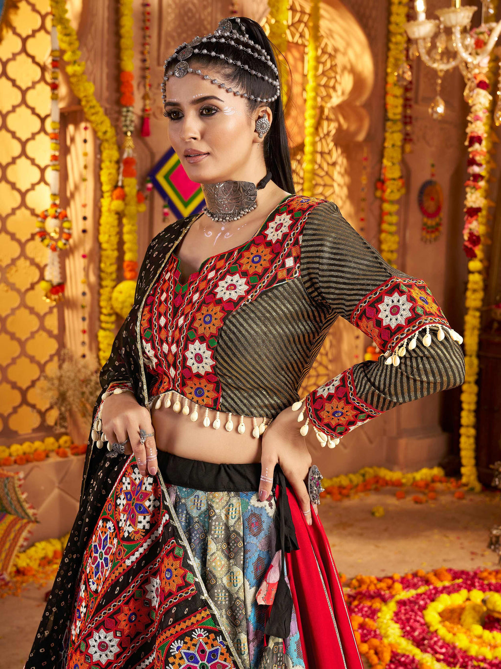 Black viscose rayon mirror embroidered Navratri lehenga choli