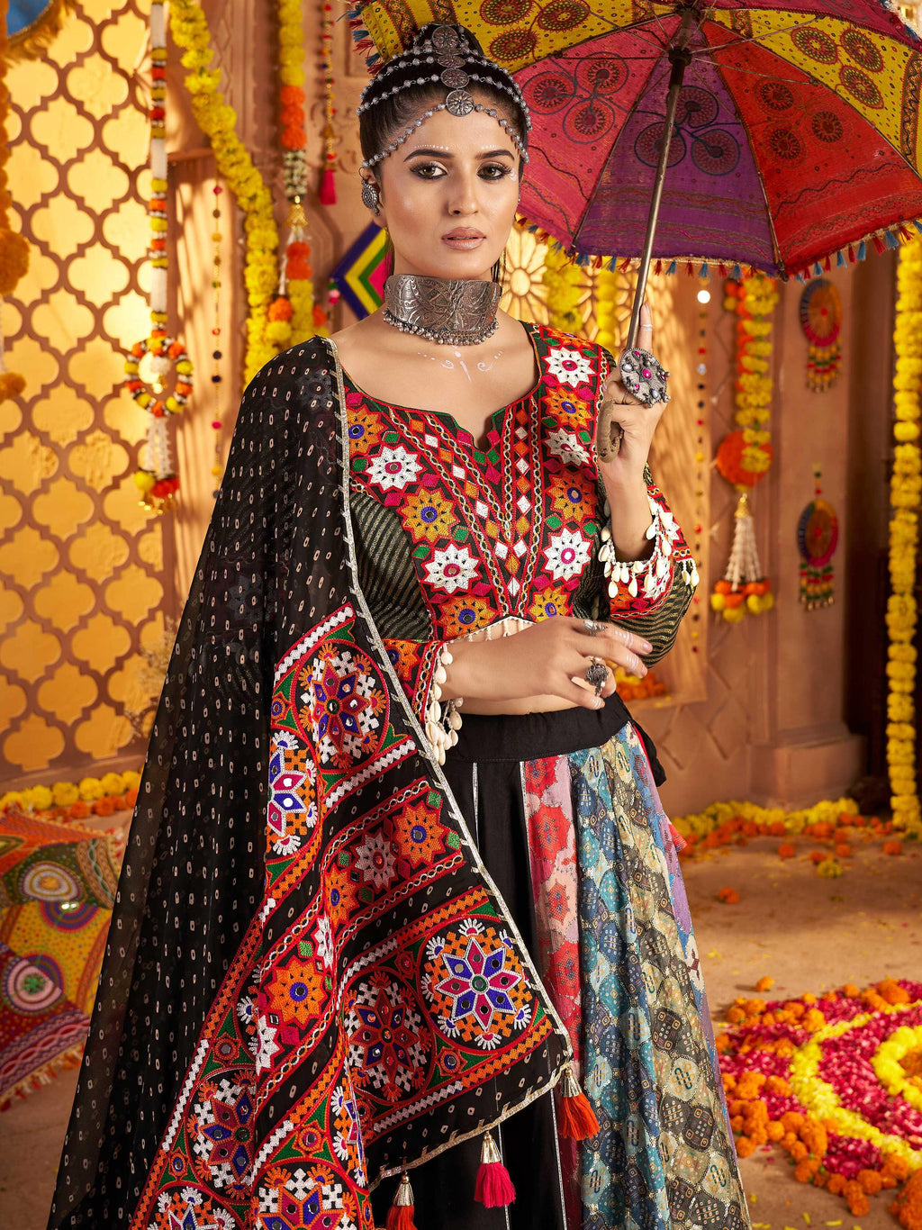 Black viscose rayon mirror embroidered Navratri lehenga choli