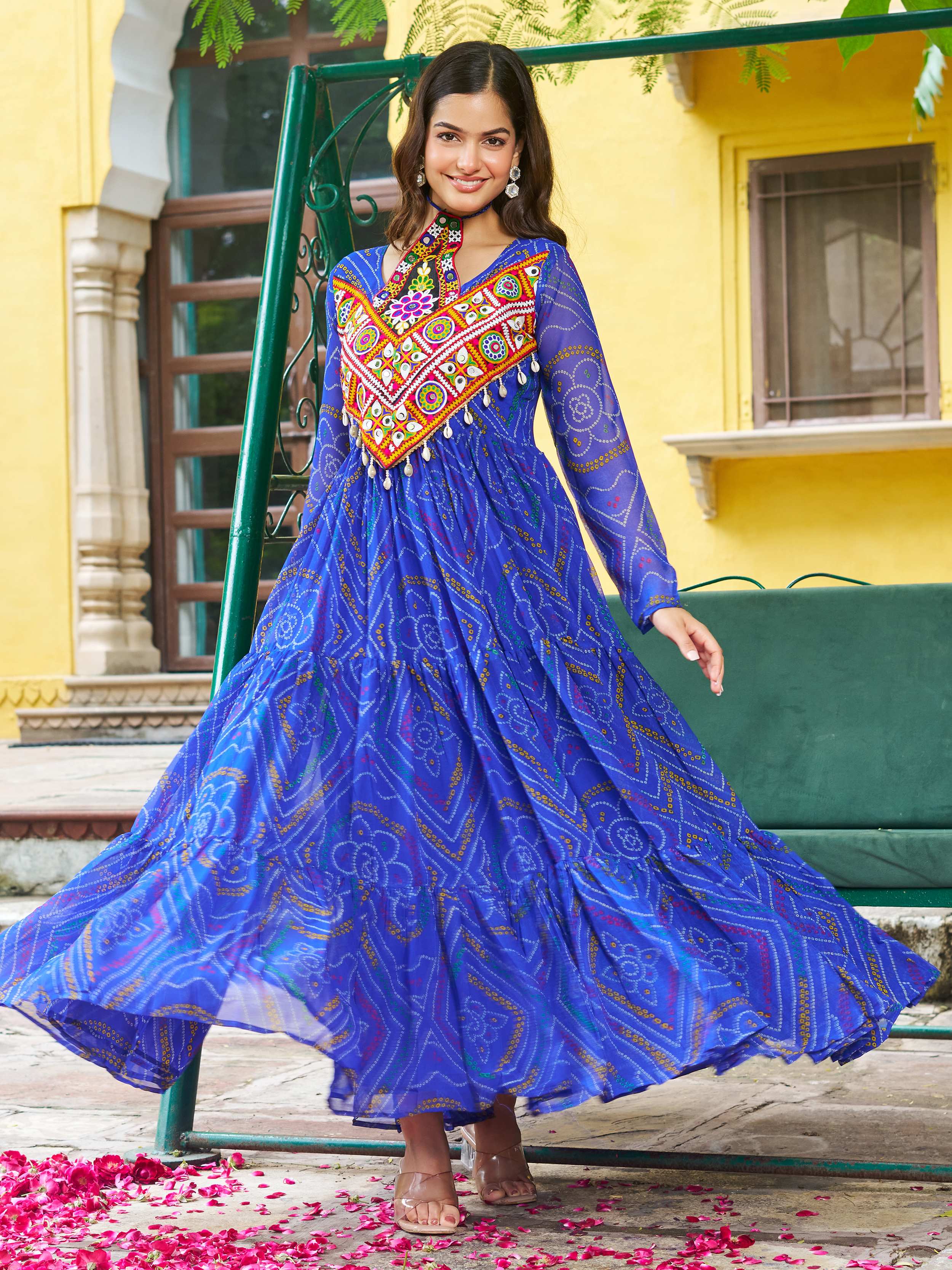 Blue Bandhani print georgette Kutchi patchwork flair Navratri gown