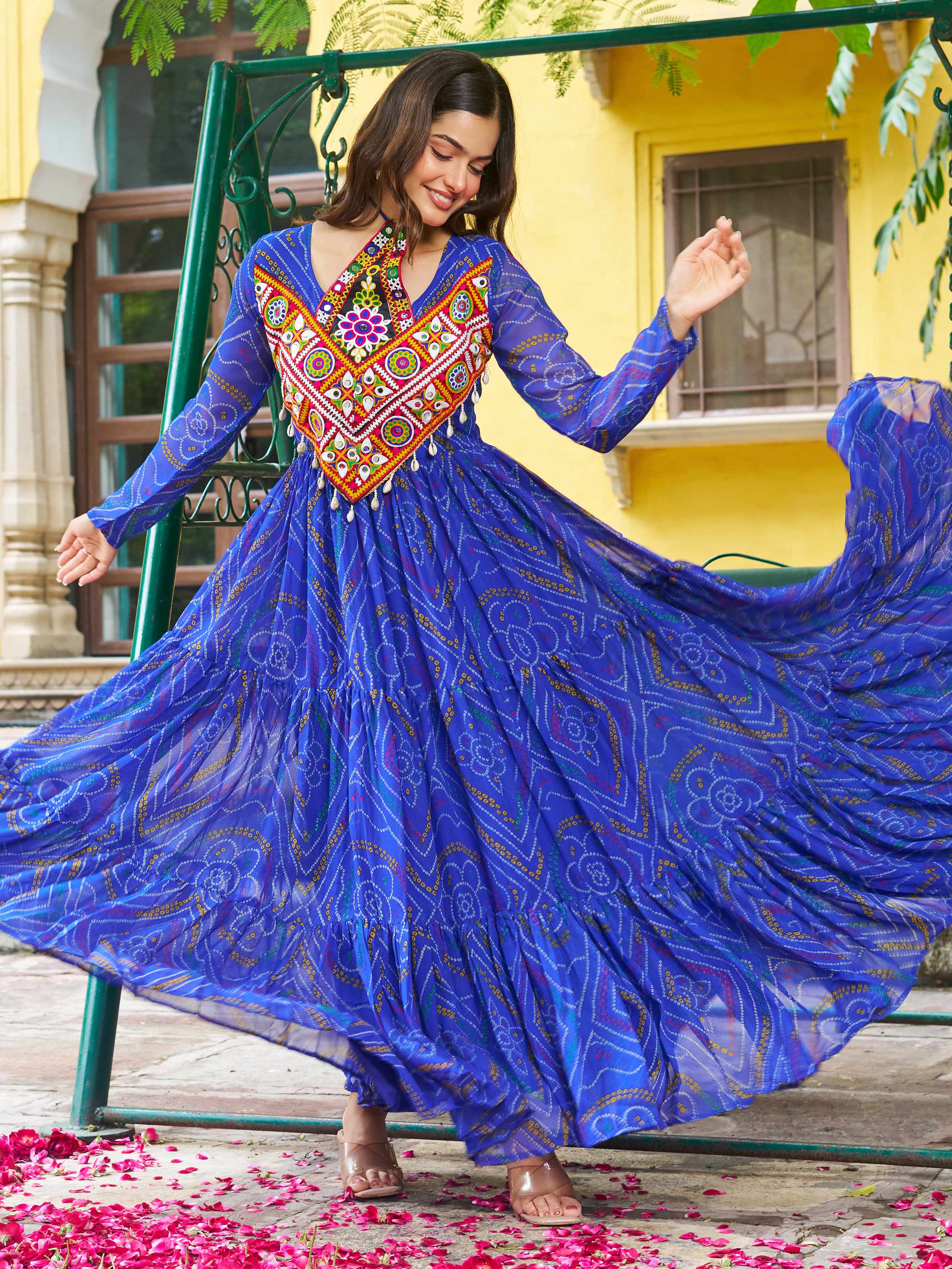 Blue Bandhani print georgette Kutchi patchwork flair Navratri gown