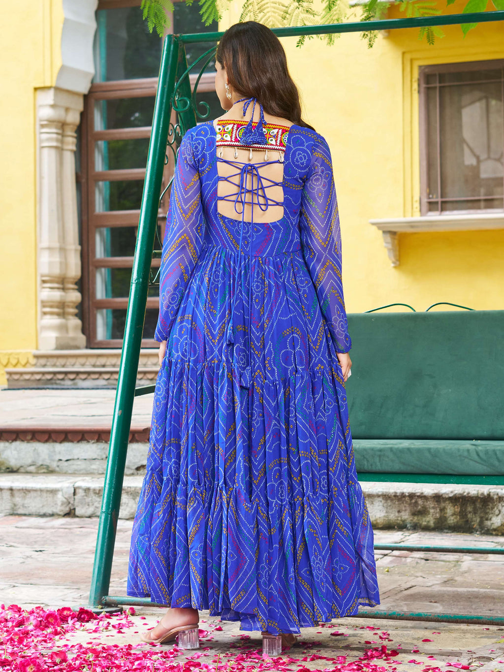 Blue Bandhani print georgette Kutchi patchwork flair Navratri gown