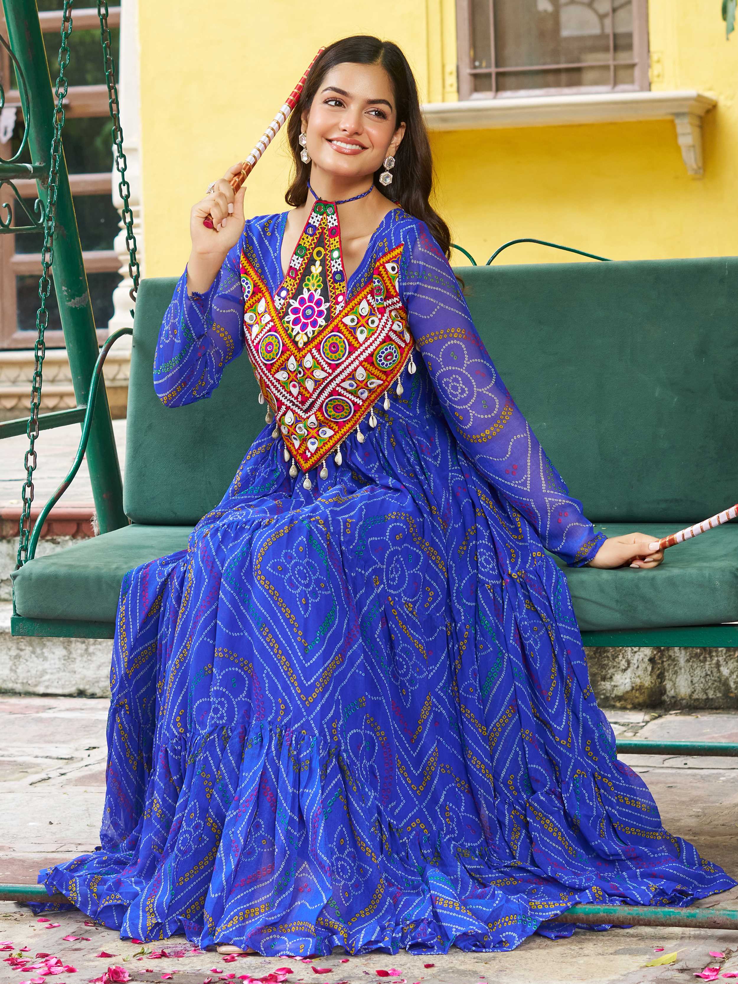 Blue Bandhani print georgette Kutchi patchwork flair Navratri gown