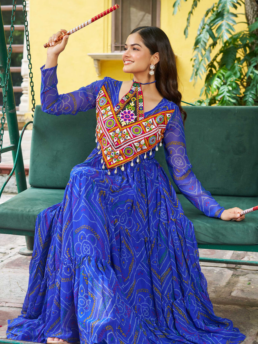 Blue Bandhani print georgette Kutchi patchwork flair Navratri gown