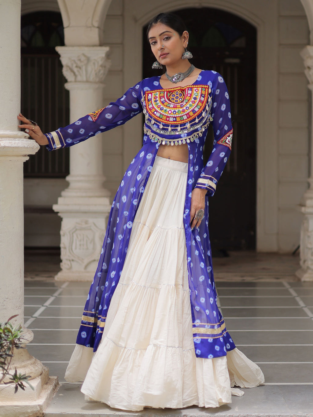Blue bandhani print kurti with kutchi patchwork kora cotton lehenga