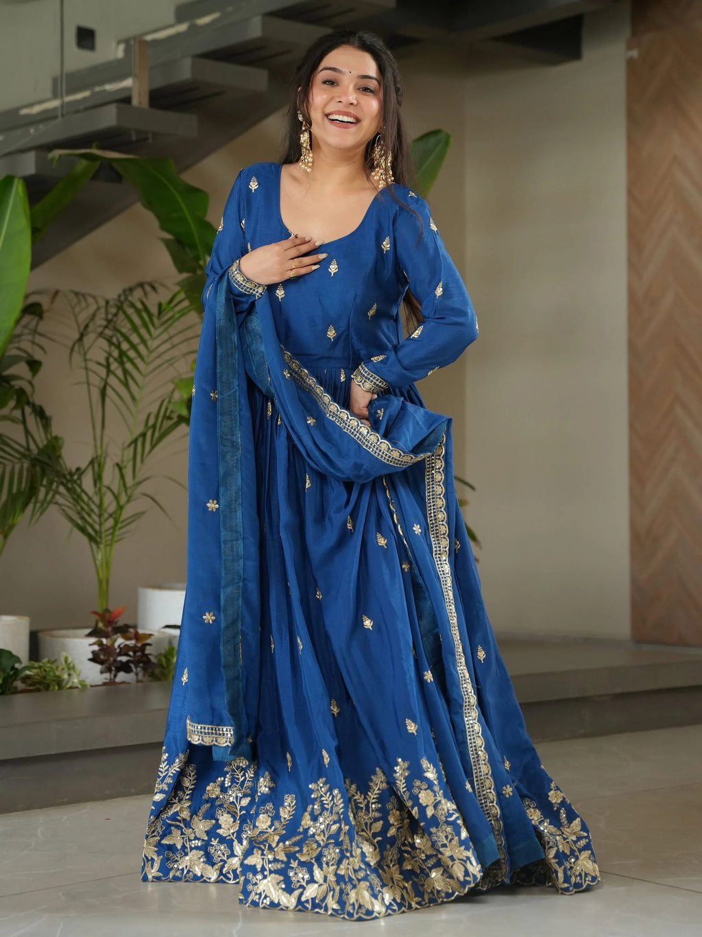 Blue chinon gown with zari and sequins embroidery and dupatta