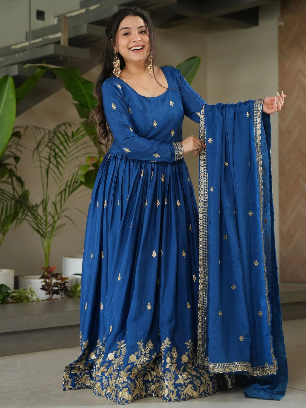 Blue chinon gown with zari and sequins embroidery and dupatta