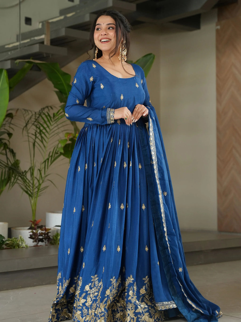 Blue chinon gown with zari and sequins embroidery and dupatta