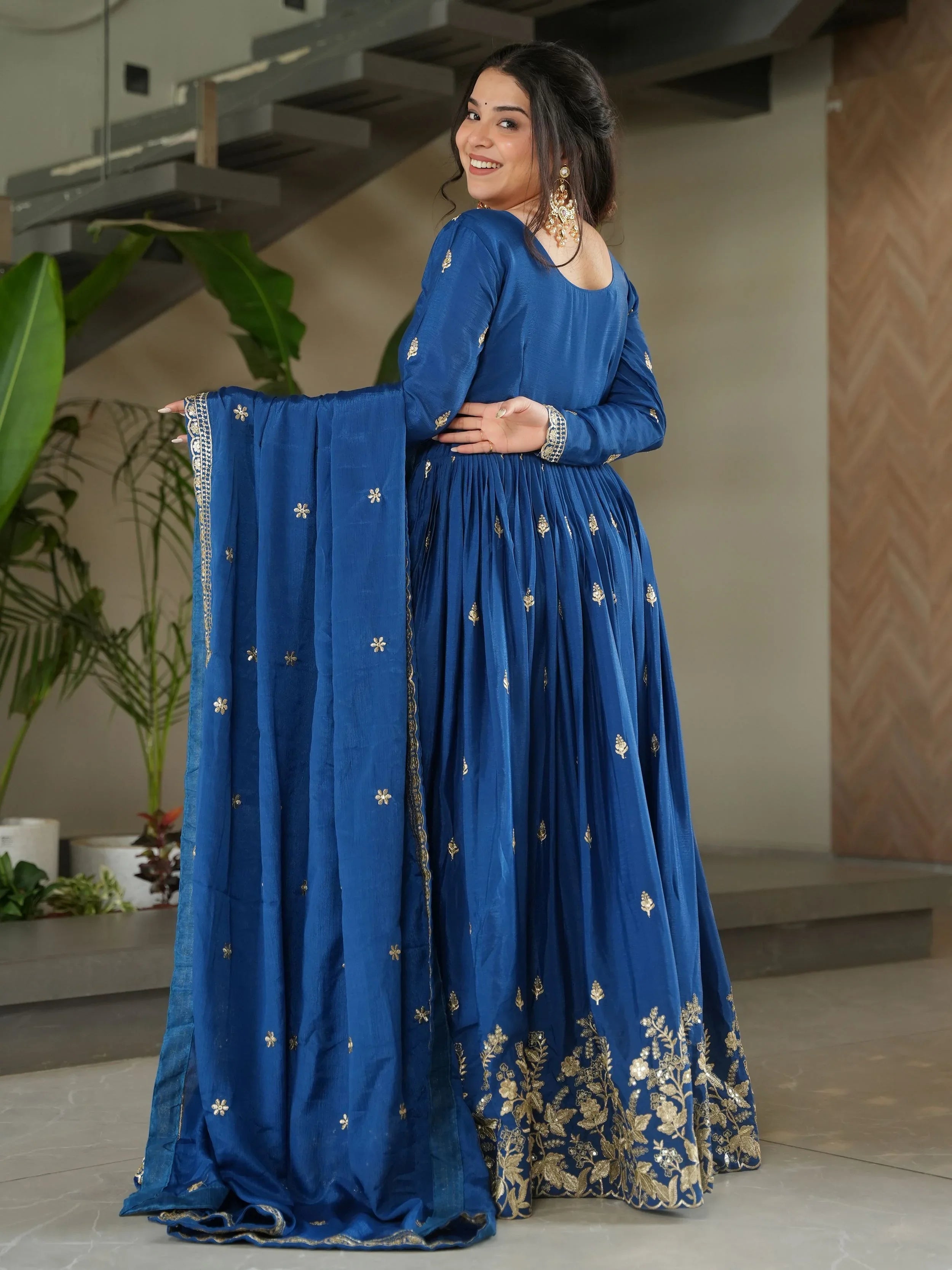 Blue chinon gown with zari and sequins embroidery and dupatta