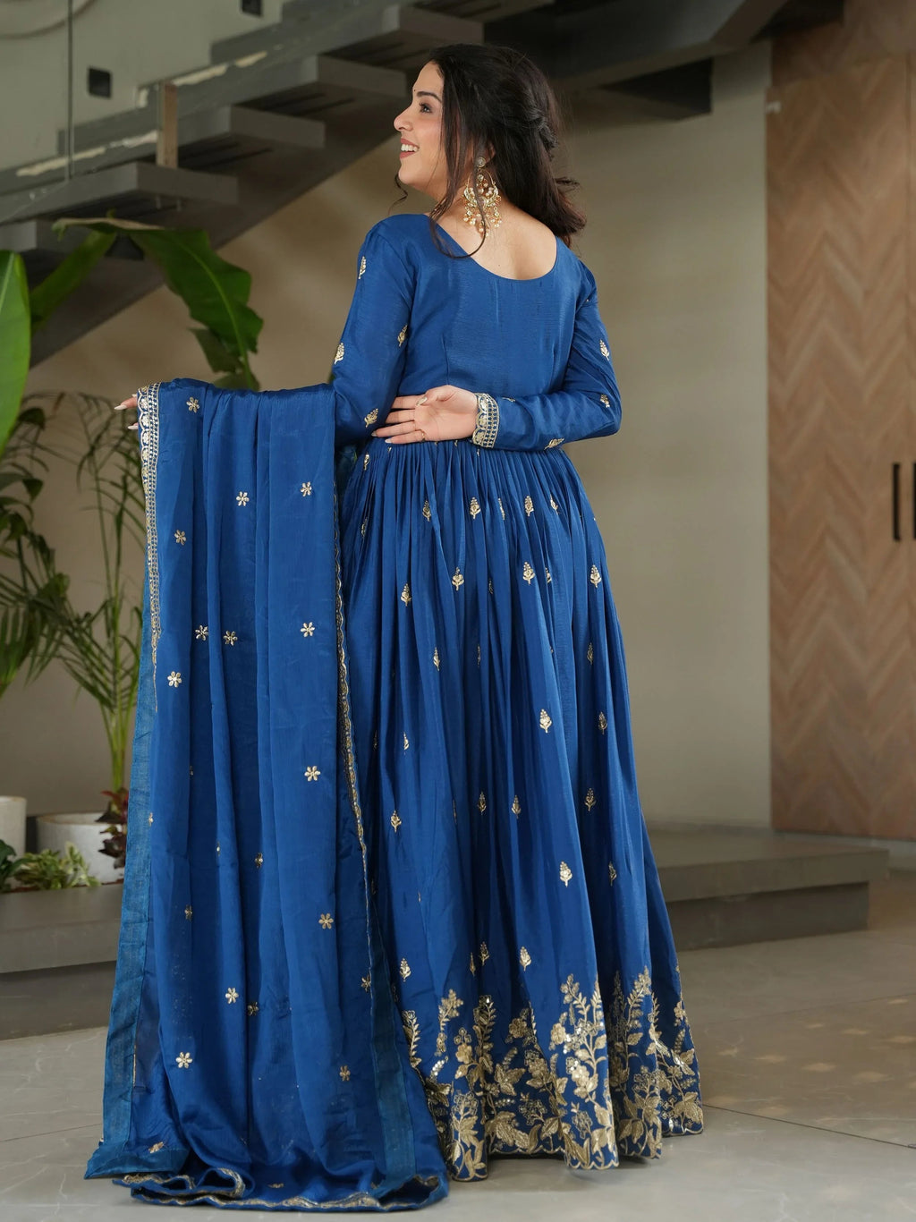 Blue chinon gown with zari and sequins embroidery and dupatta