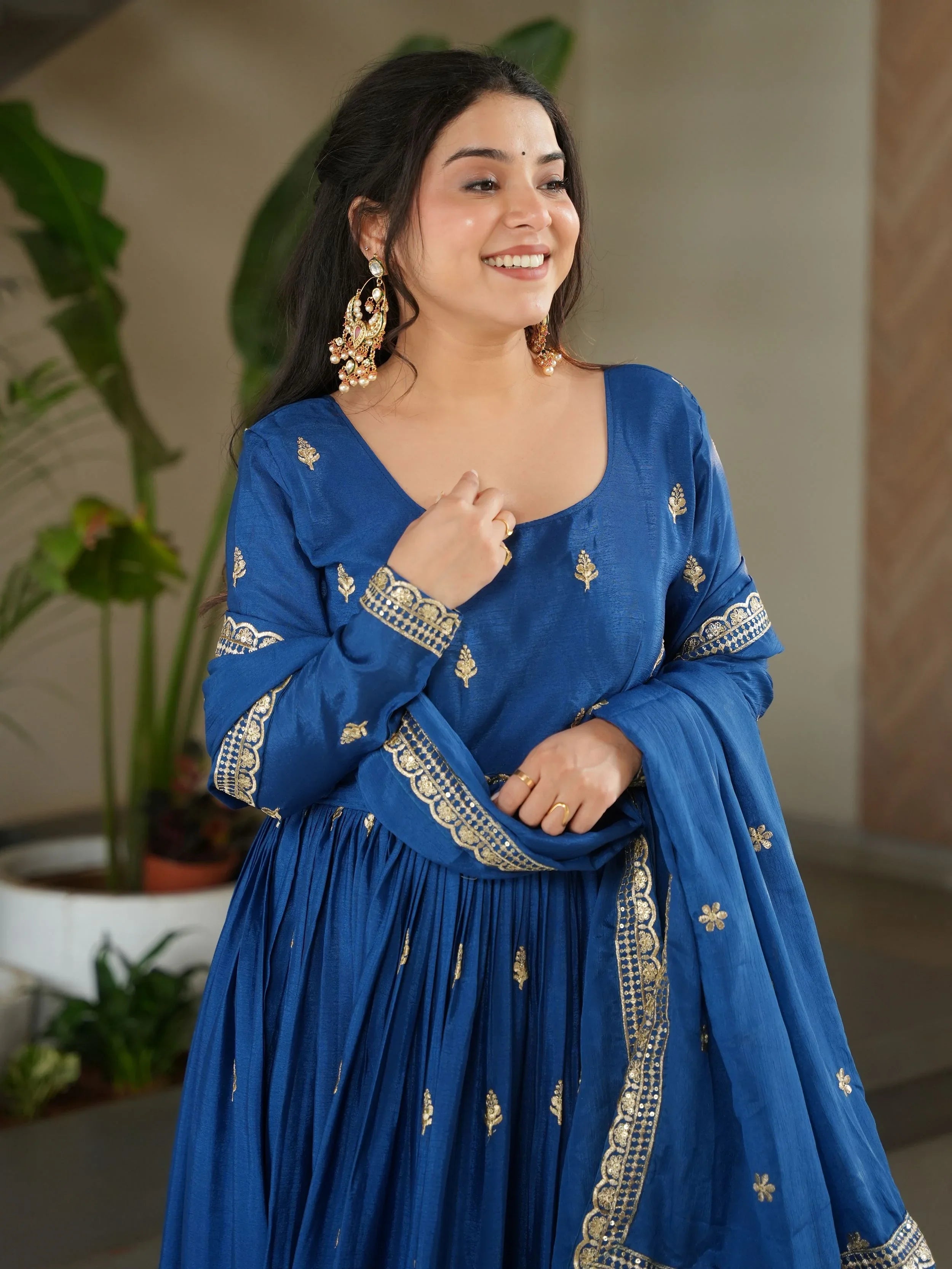 Blue chinon gown with zari and sequins embroidery and dupatta