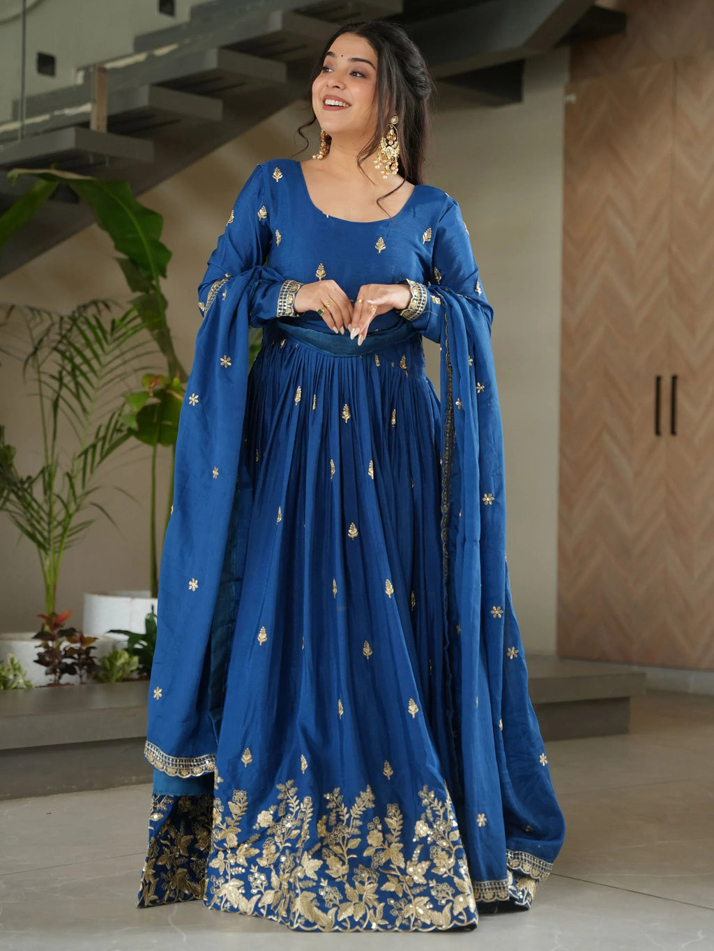 Blue chinon gown with zari and sequins embroidery and dupatta