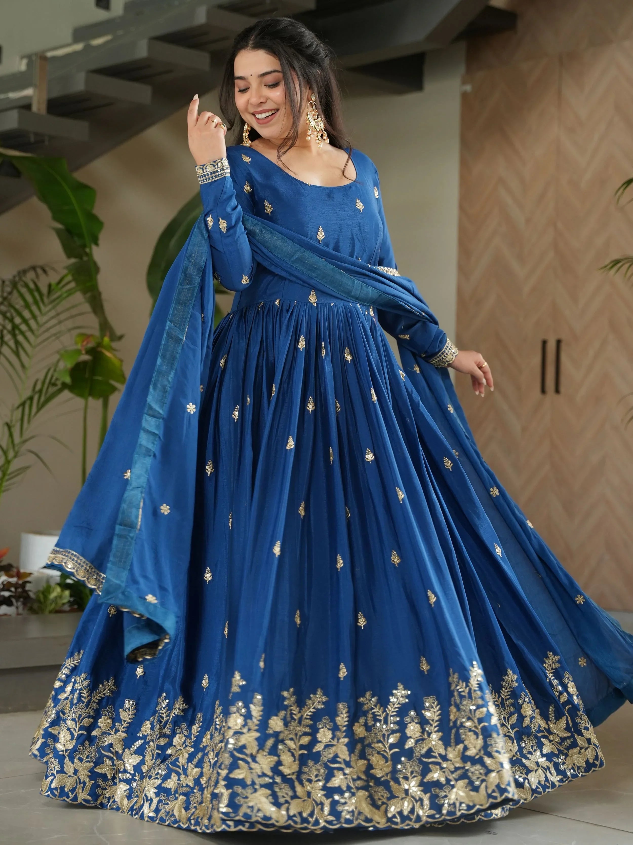 Blue chinon gown with zari and sequins embroidery and dupatta