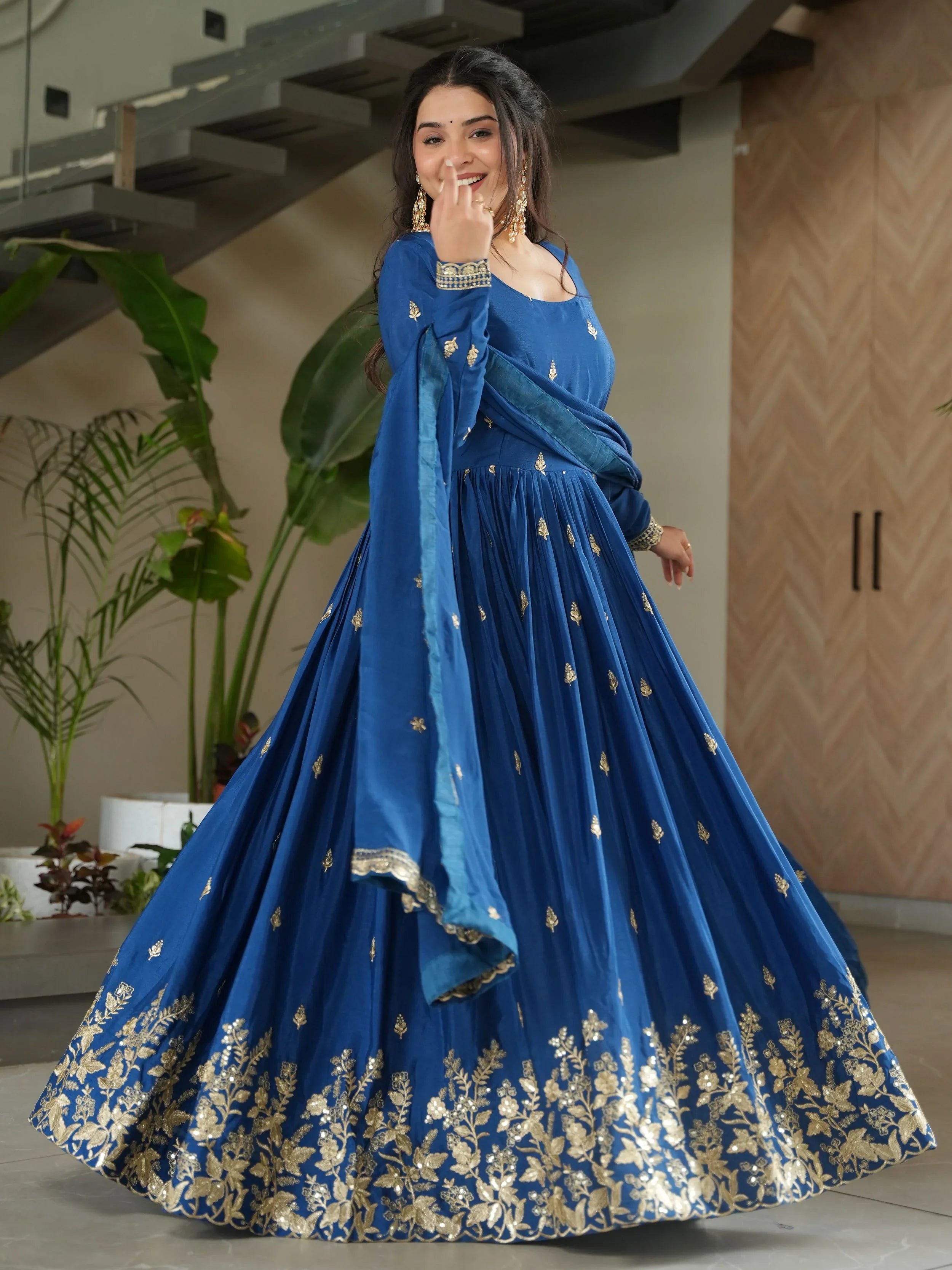 Blue chinon gown with zari and sequins embroidery and dupatta