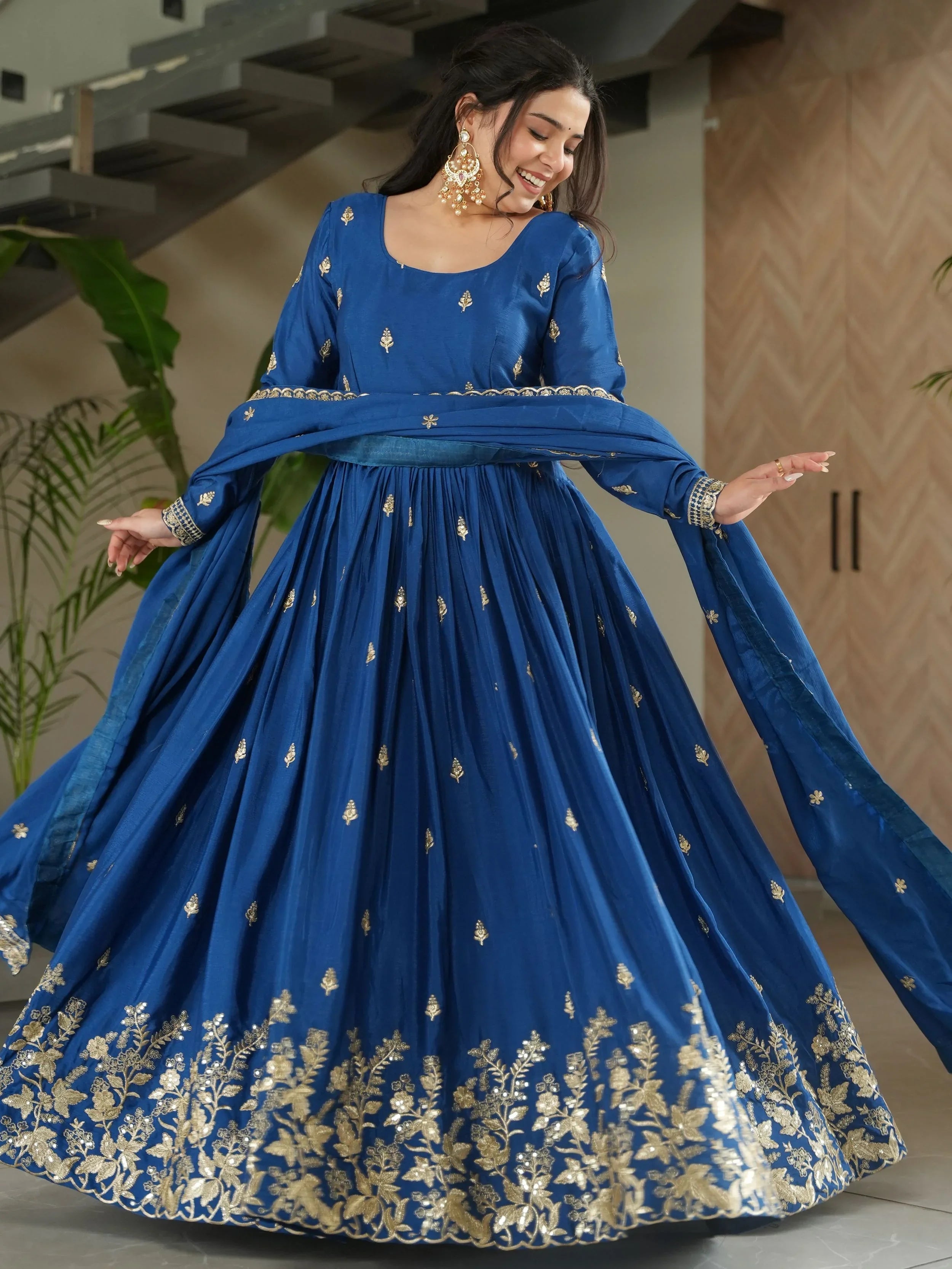 Blue chinon gown with zari and sequins embroidery and dupatta