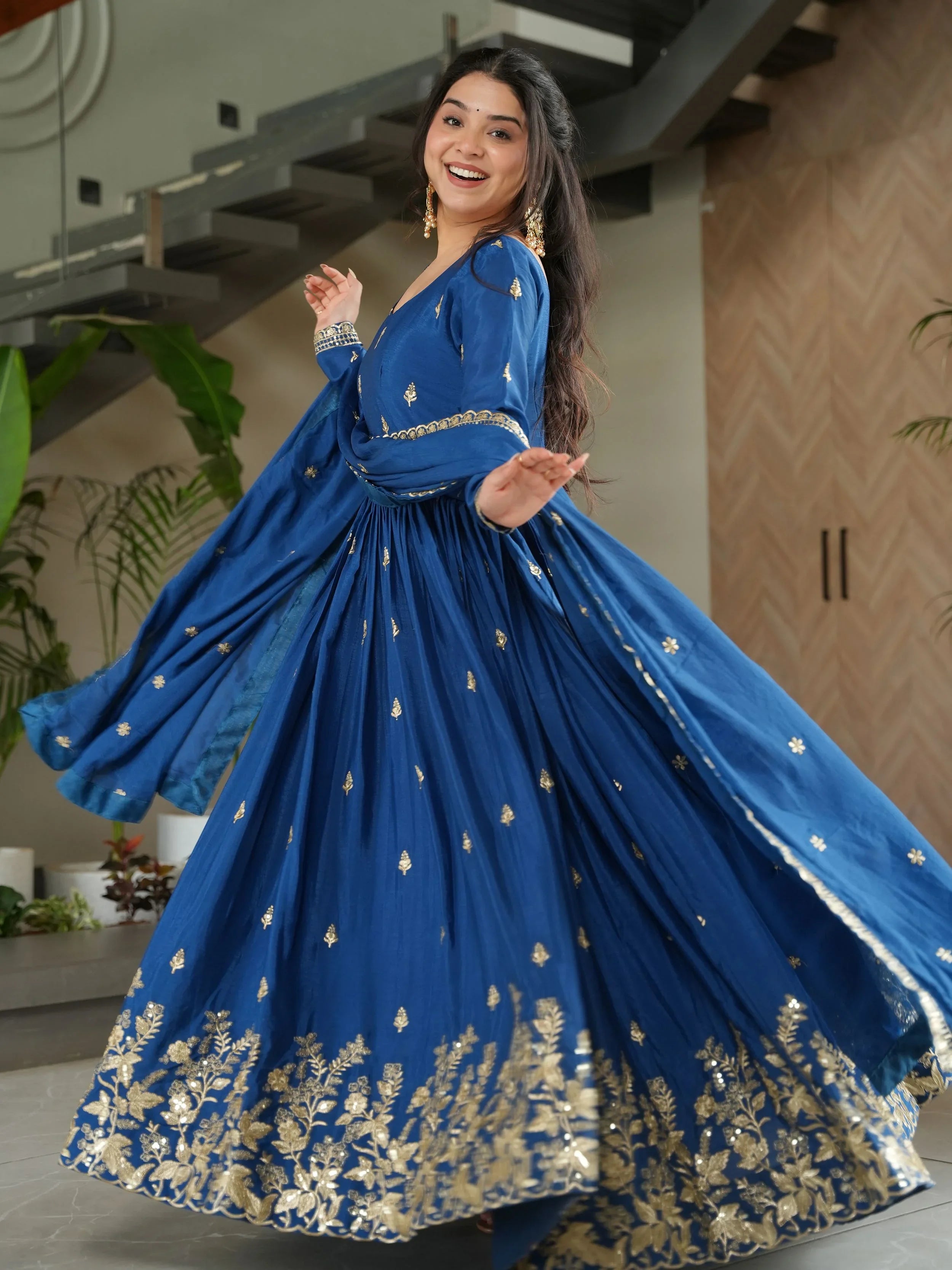Blue chinon gown with zari and sequins embroidery and dupatta