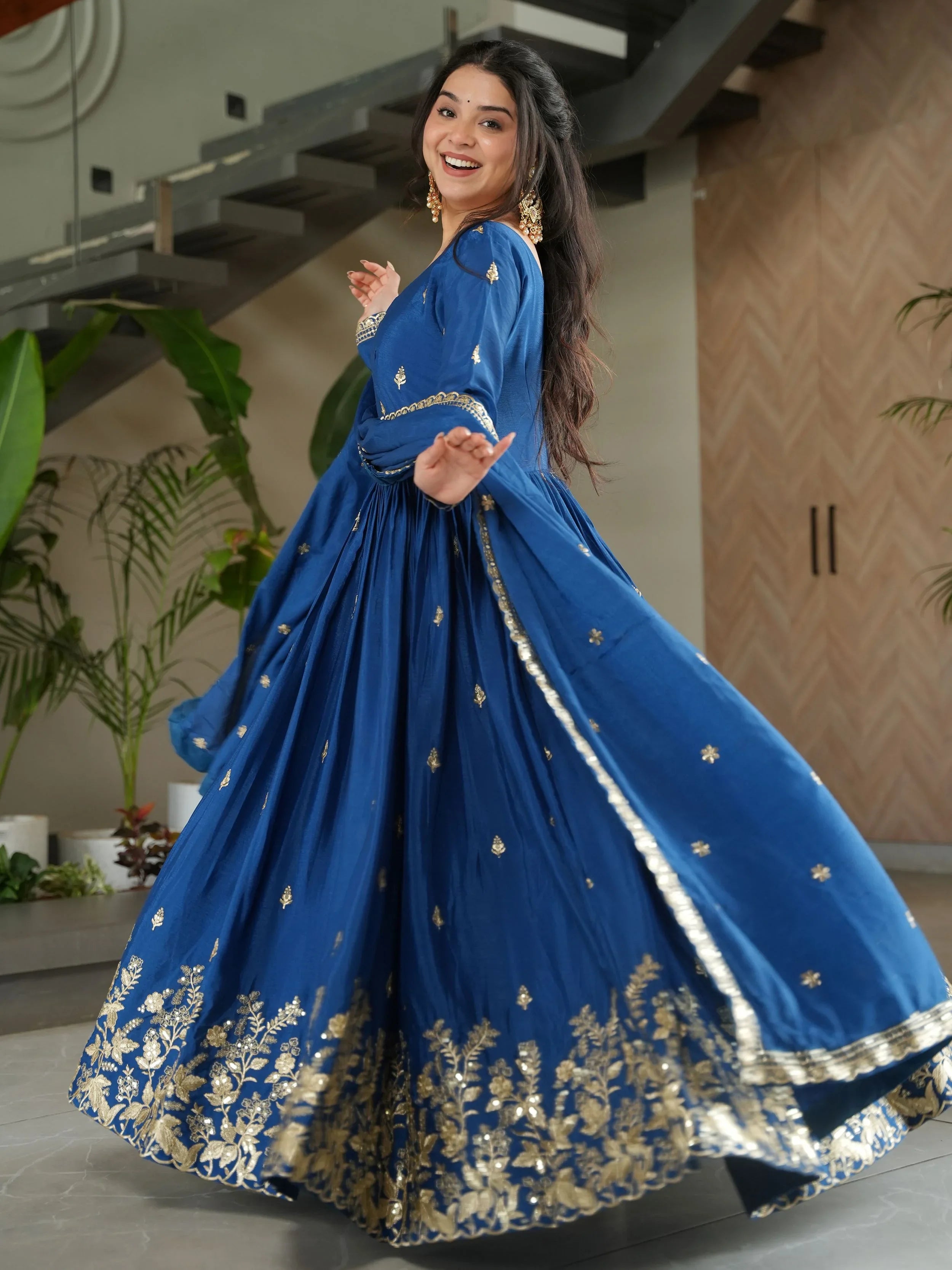 Blue chinon gown with zari and sequins embroidery and dupatta