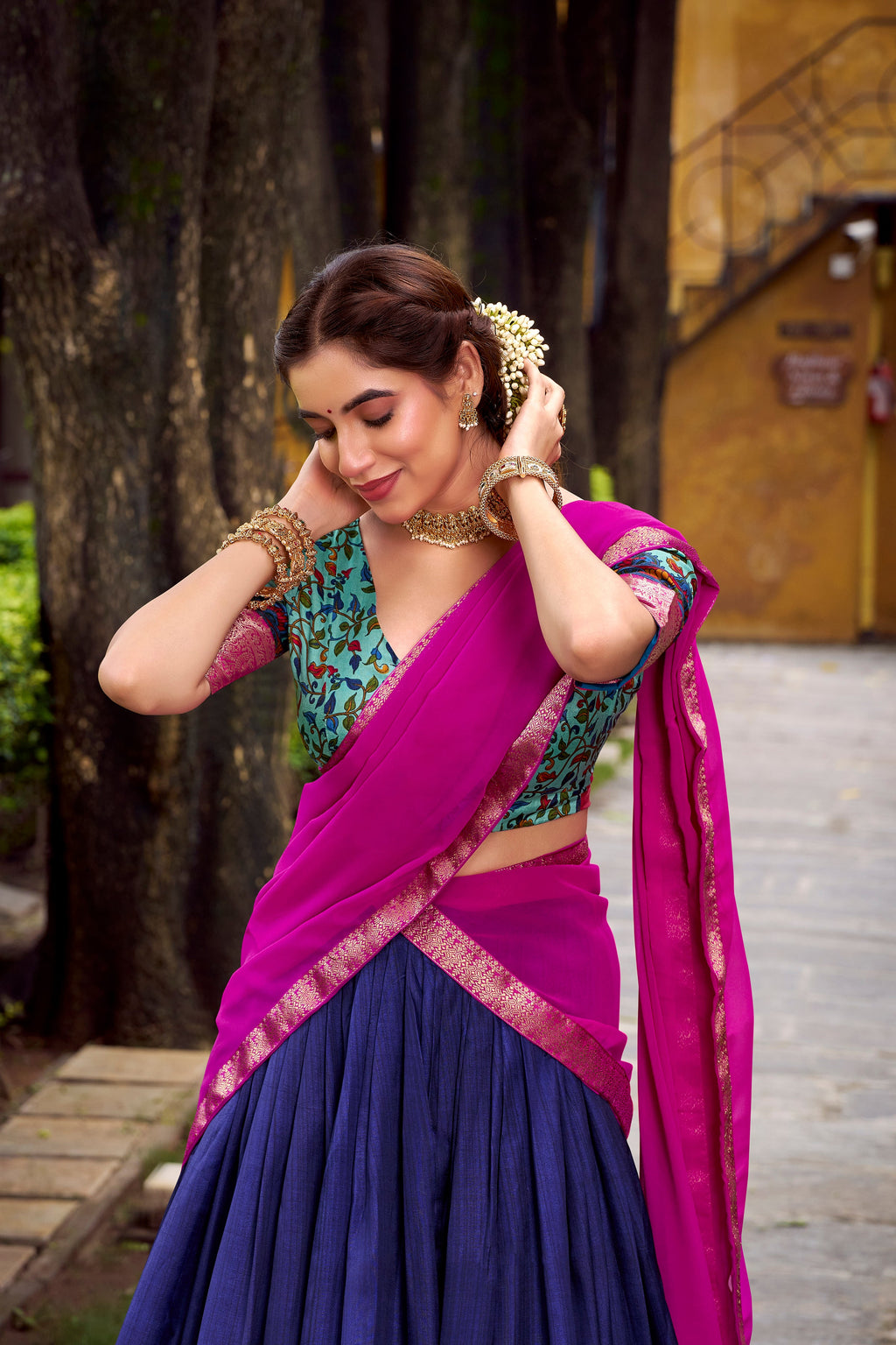 Avni blue Aastha silk printed zari weaving half saree lehenga