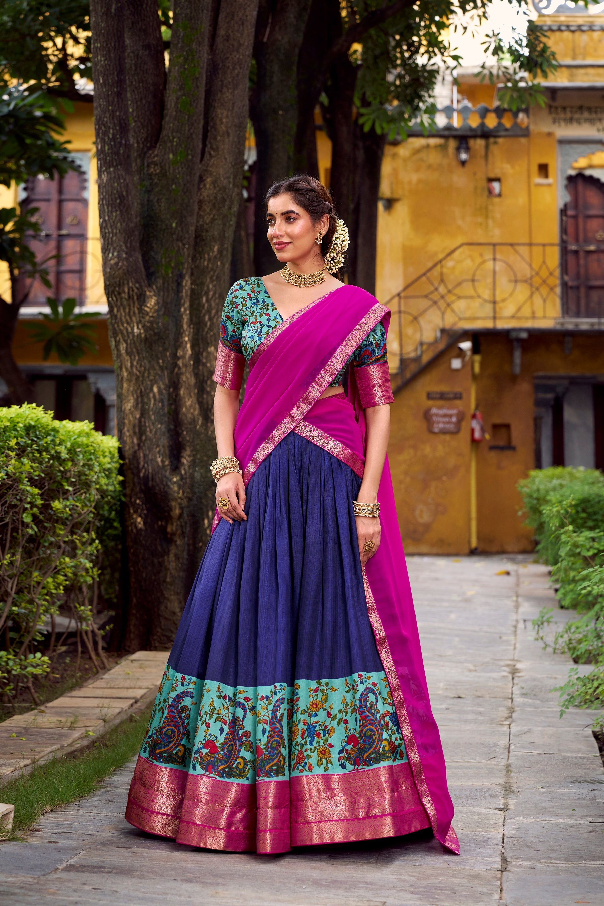Avni blue Aastha silk printed zari weaving half saree lehenga