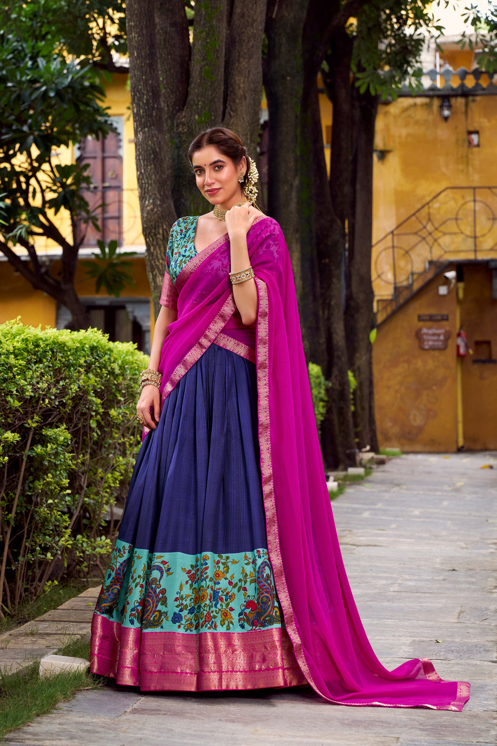 Avni blue Aastha silk printed zari weaving half saree lehenga