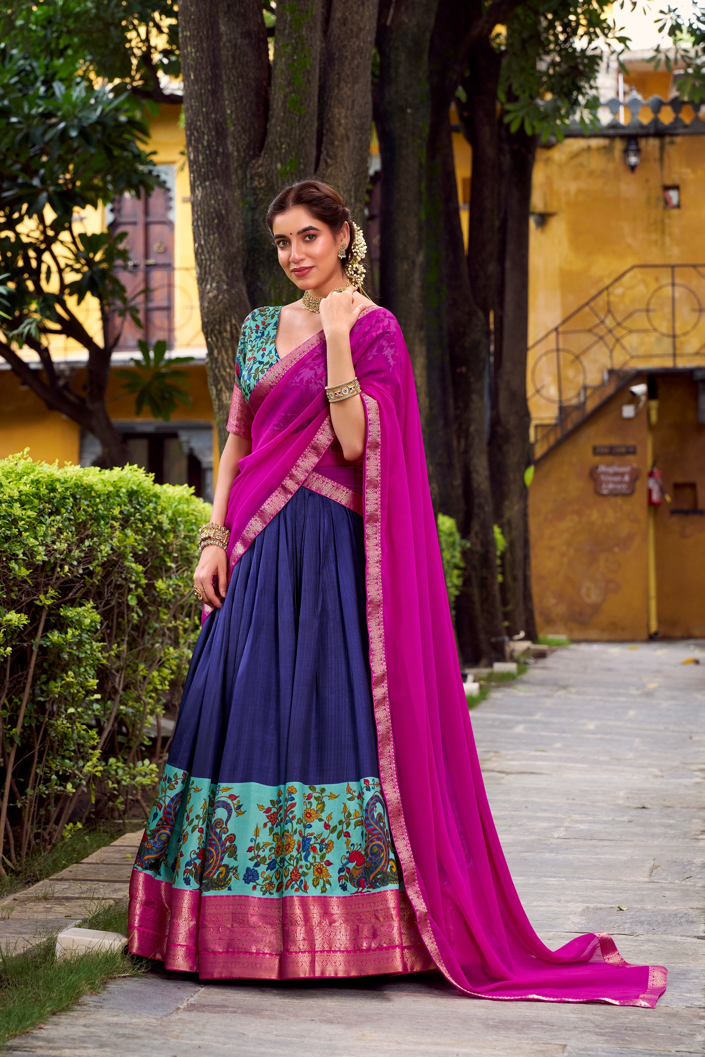 Avni blue Aastha silk printed zari weaving half saree lehenga