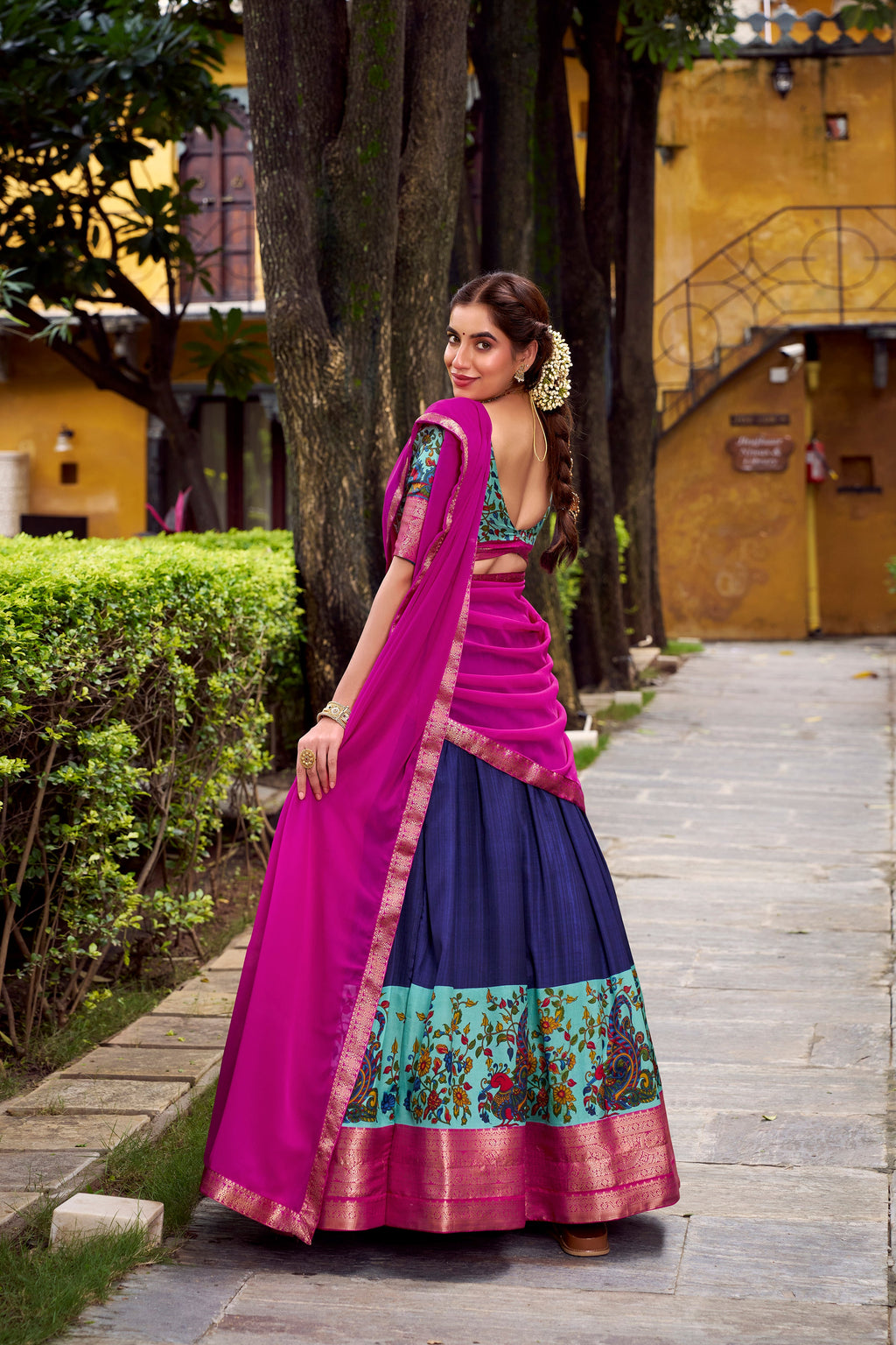 Avni blue Aastha silk printed zari weaving half saree lehenga