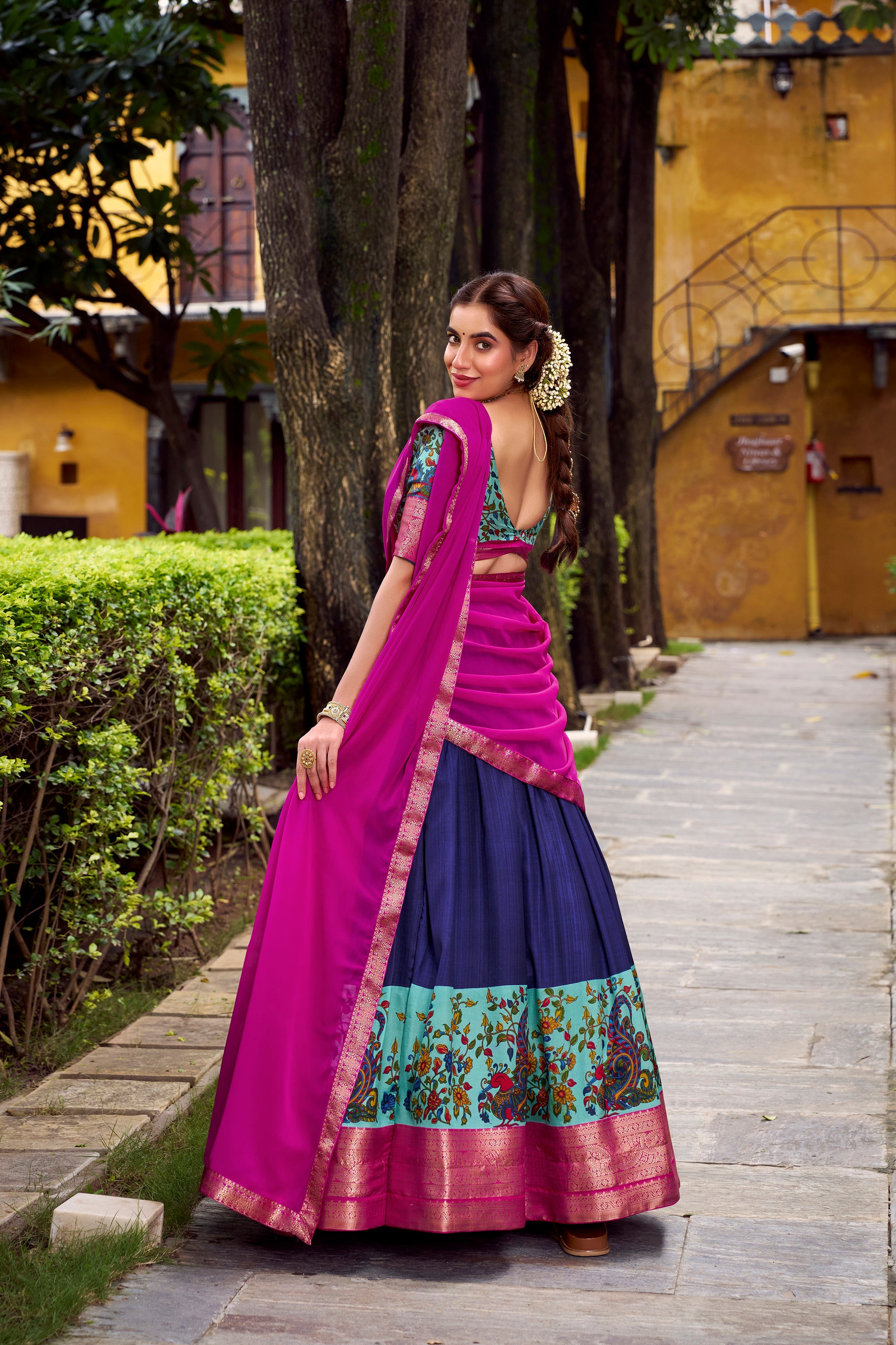 Avni blue Aastha silk printed zari weaving half saree lehenga