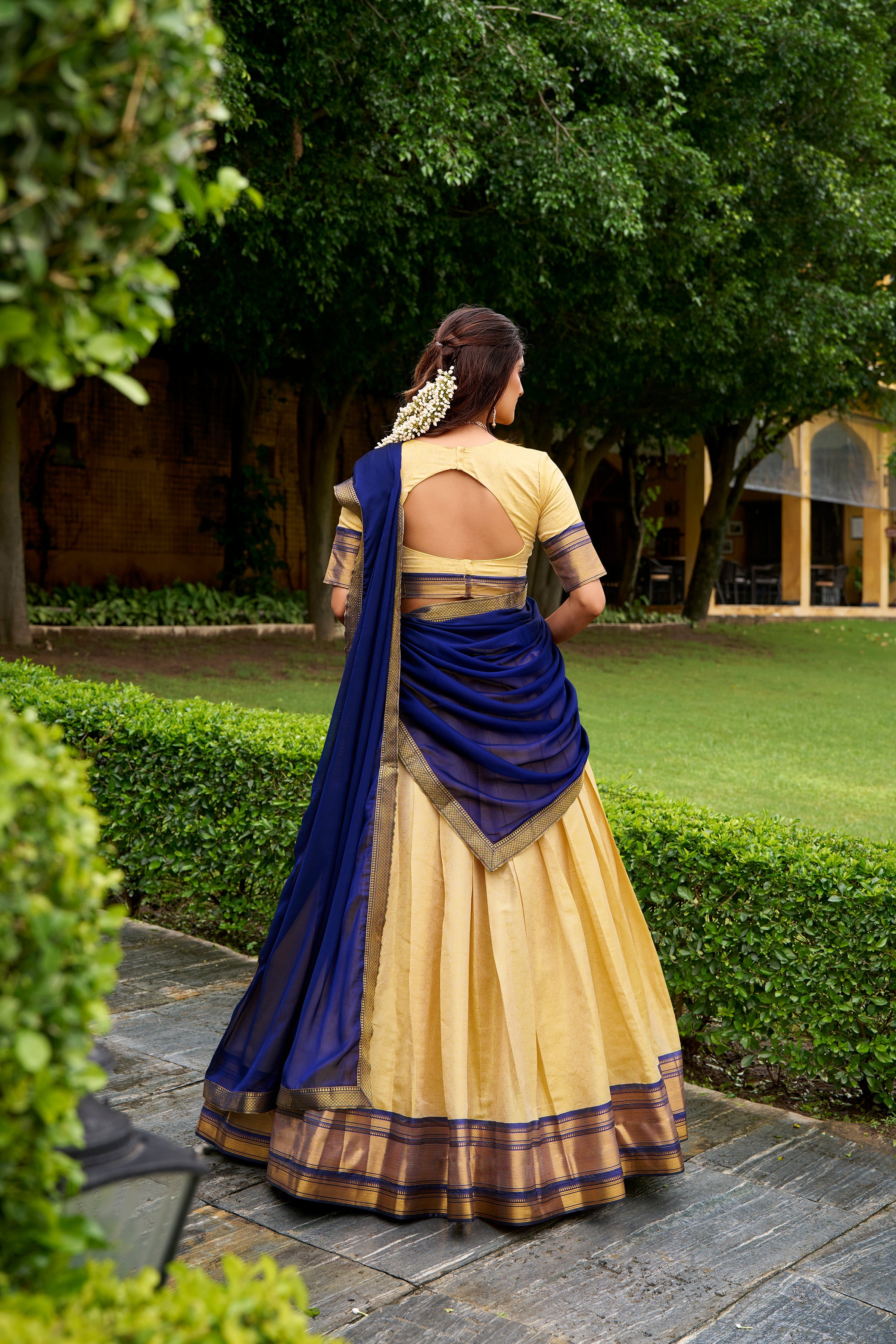 Blue Kanchipuram silk zari weaving half saree lehenga choli
