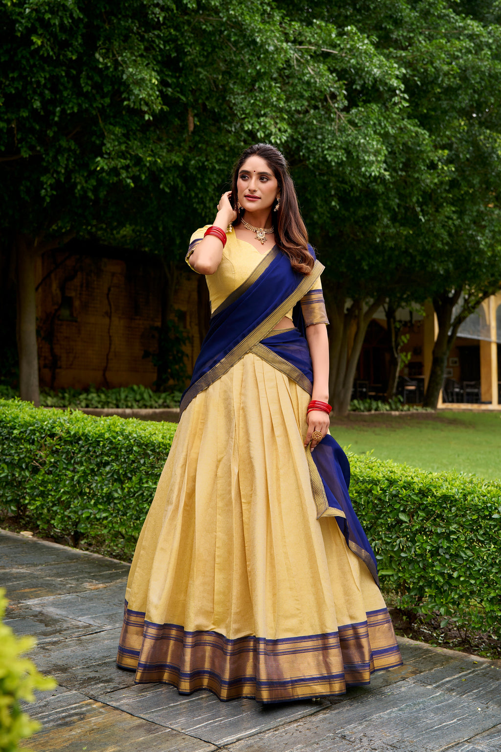 Blue Kanchipuram silk zari weaving half saree lehenga choli