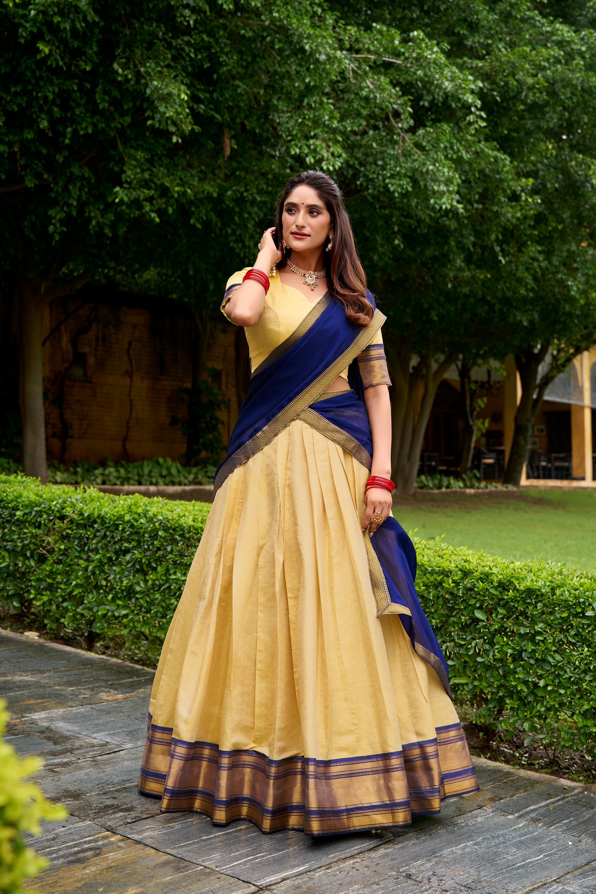 Blue Kanchipuram silk zari weaving half saree lehenga choli