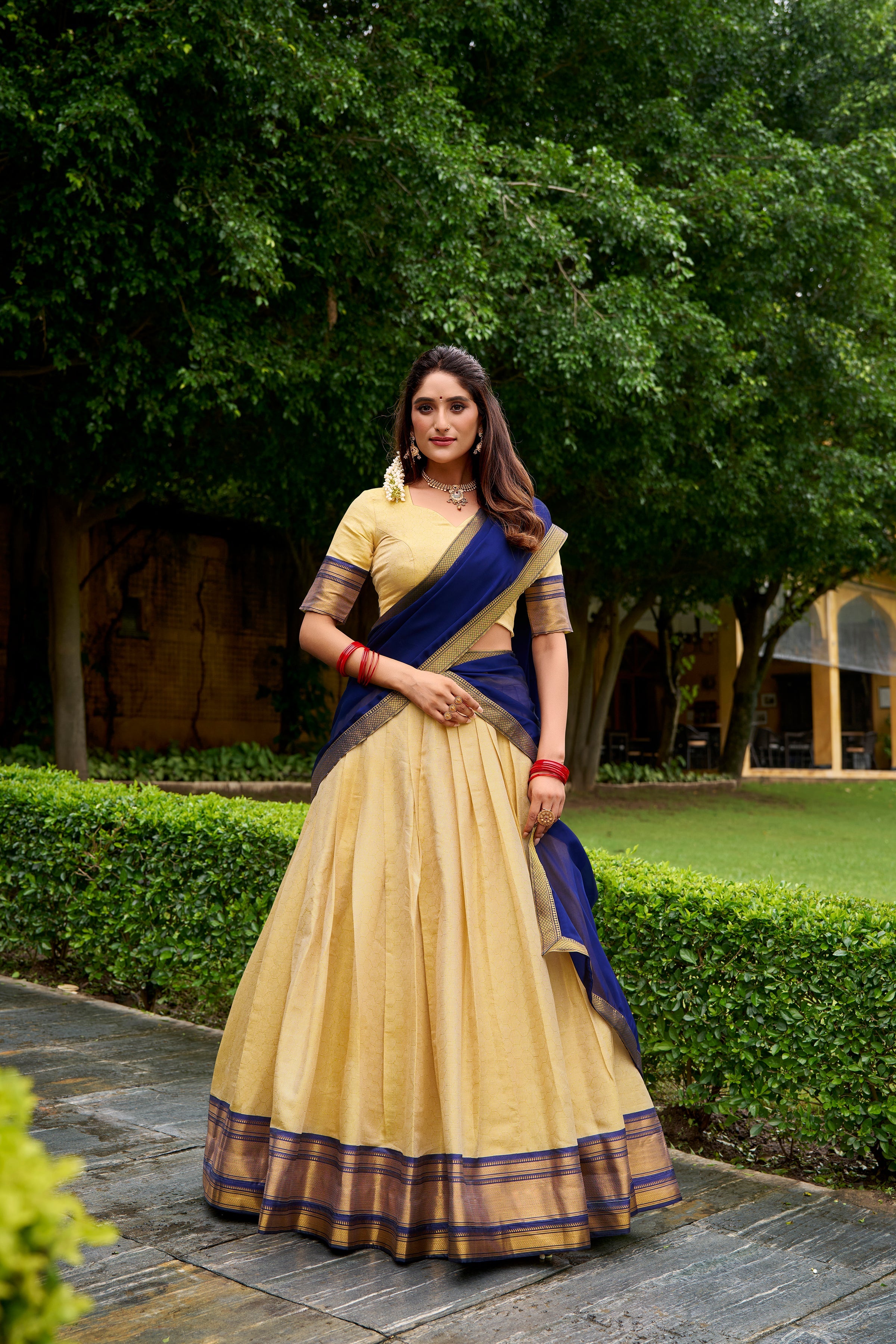 Blue Kanchipuram silk zari weaving half saree lehenga choli