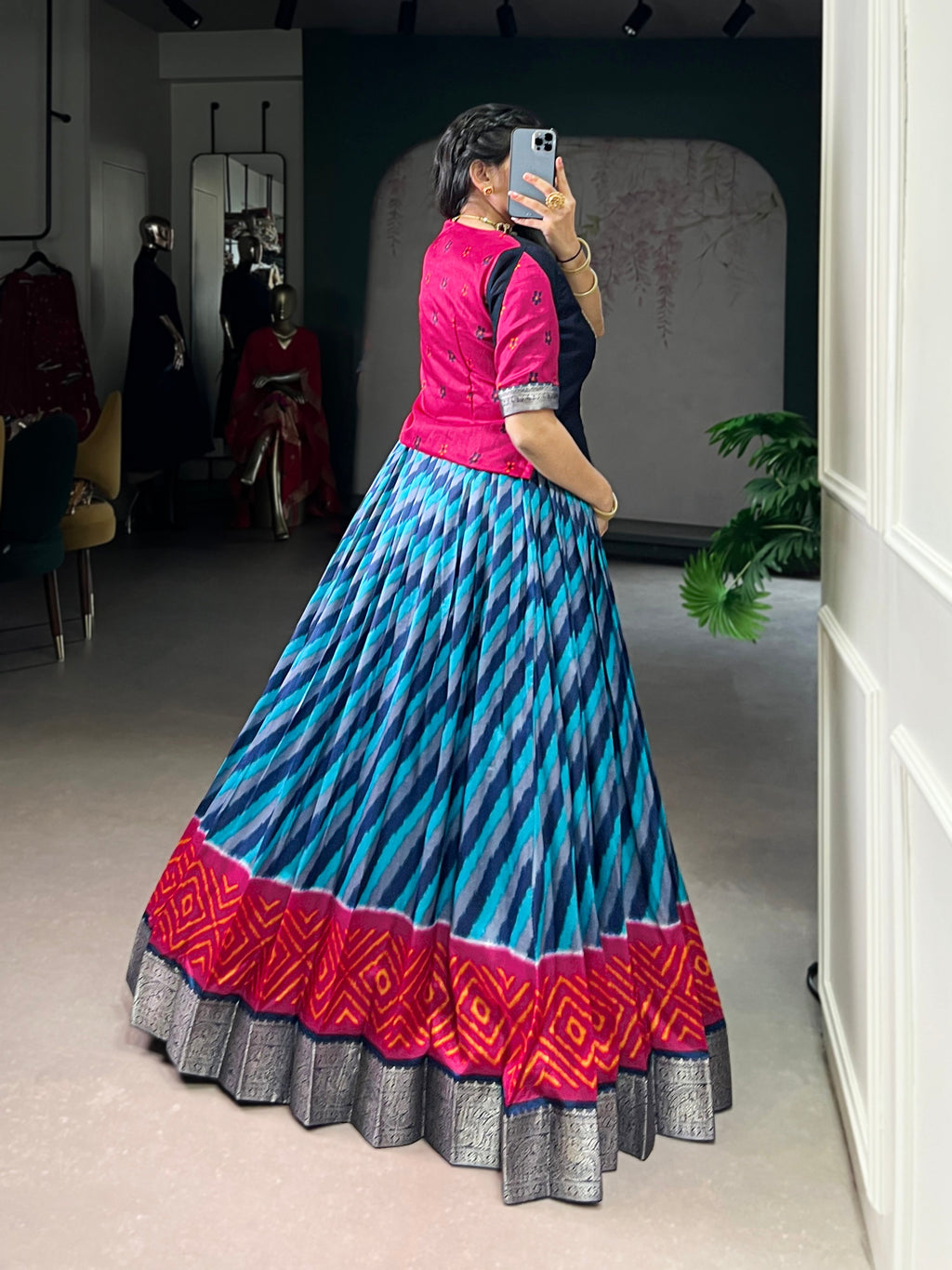 Blue Color Tasar Silk Leheriya Print Zari Weaving Lehenga with Blouse