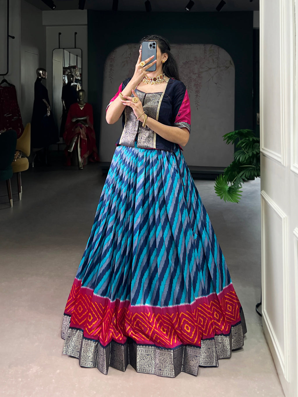 Blue Color Tasar Silk Leheriya Print Zari Weaving Lehenga with Blouse