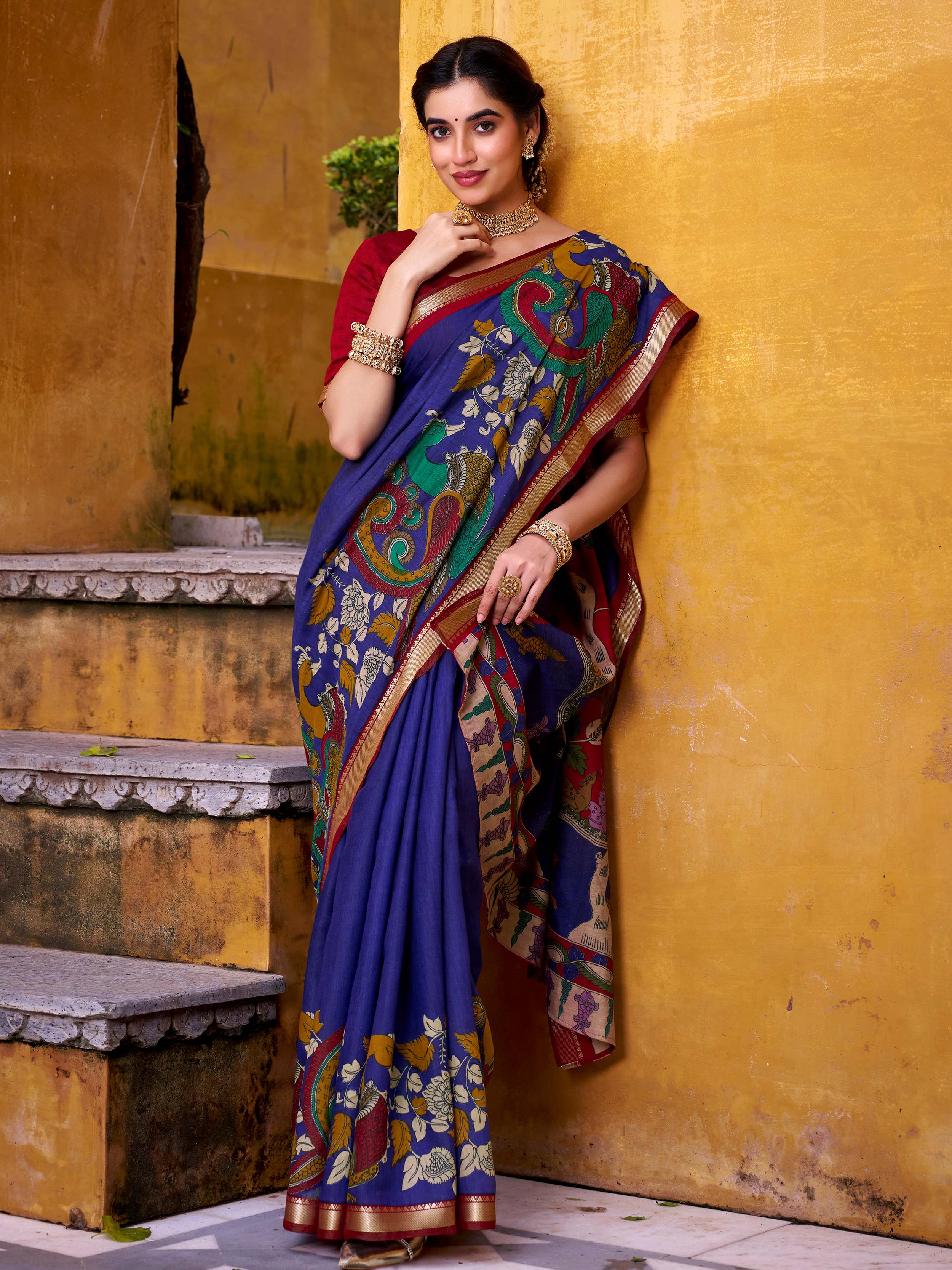 Blue viscose Chanderi Kalamkari print zari weaving saree