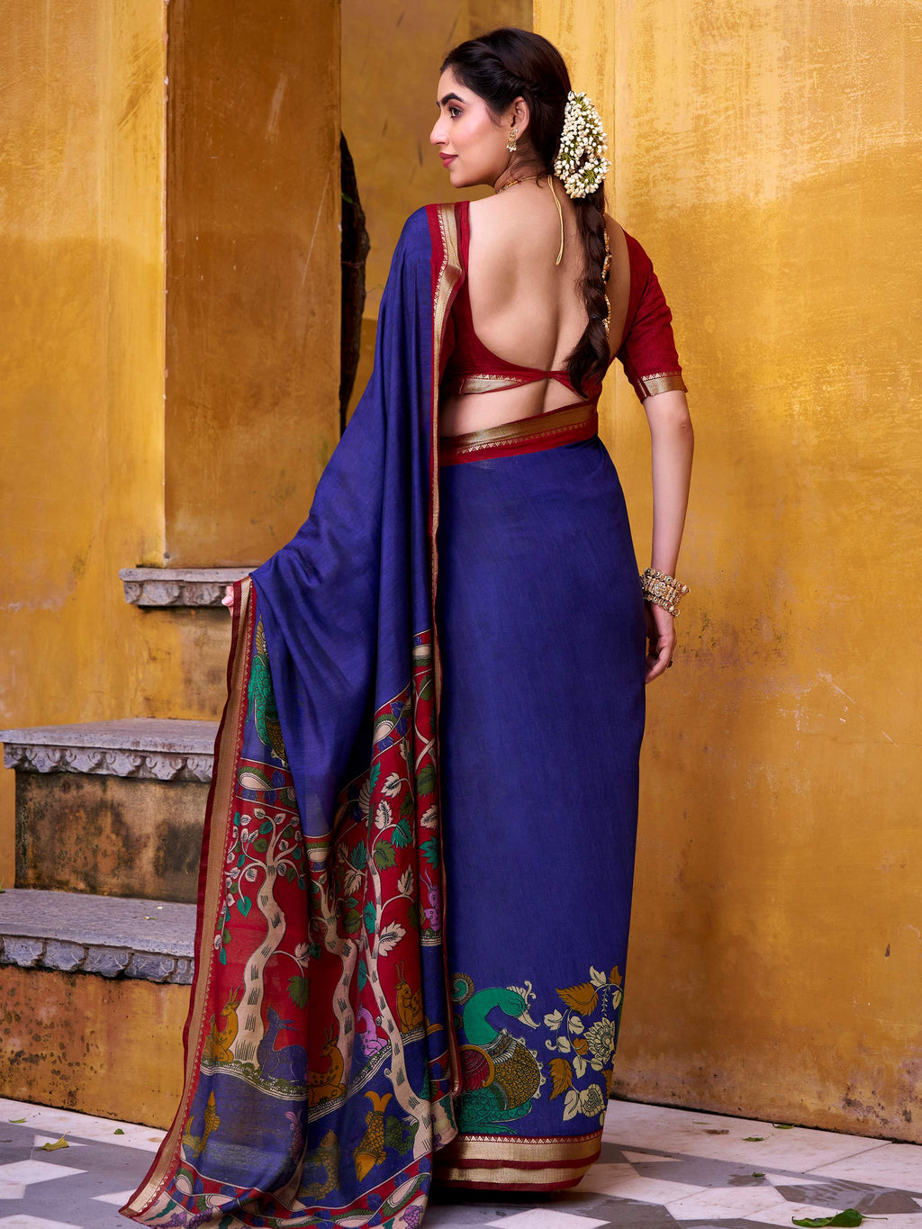 Blue viscose Chanderi Kalamkari print zari weaving saree