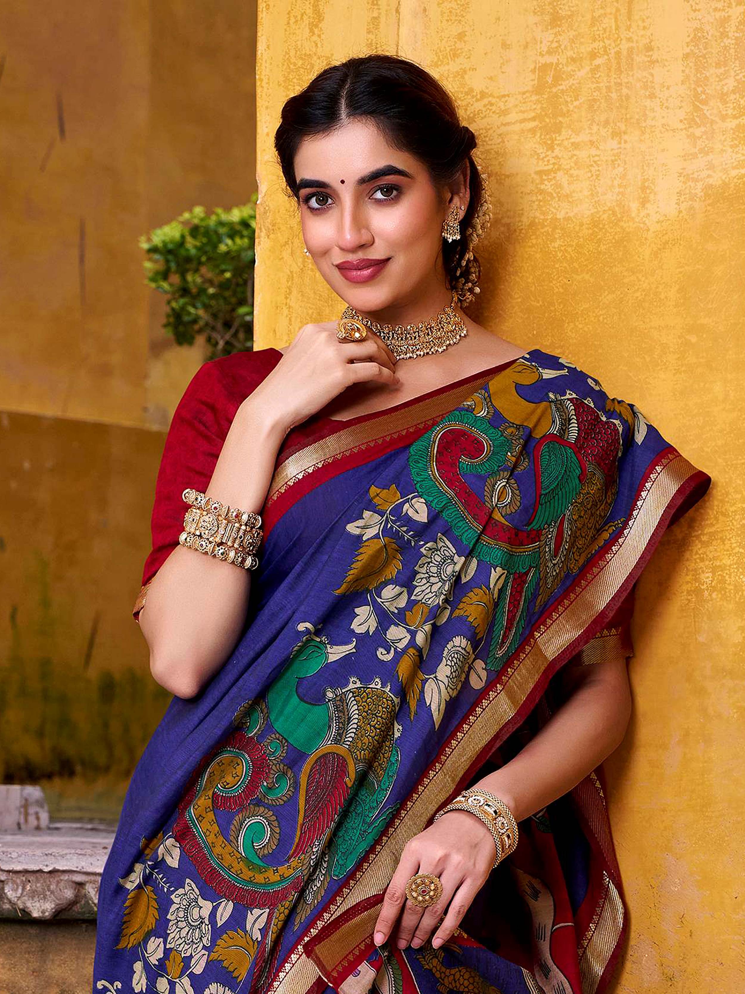 Blue viscose Chanderi Kalamkari print zari weaving saree