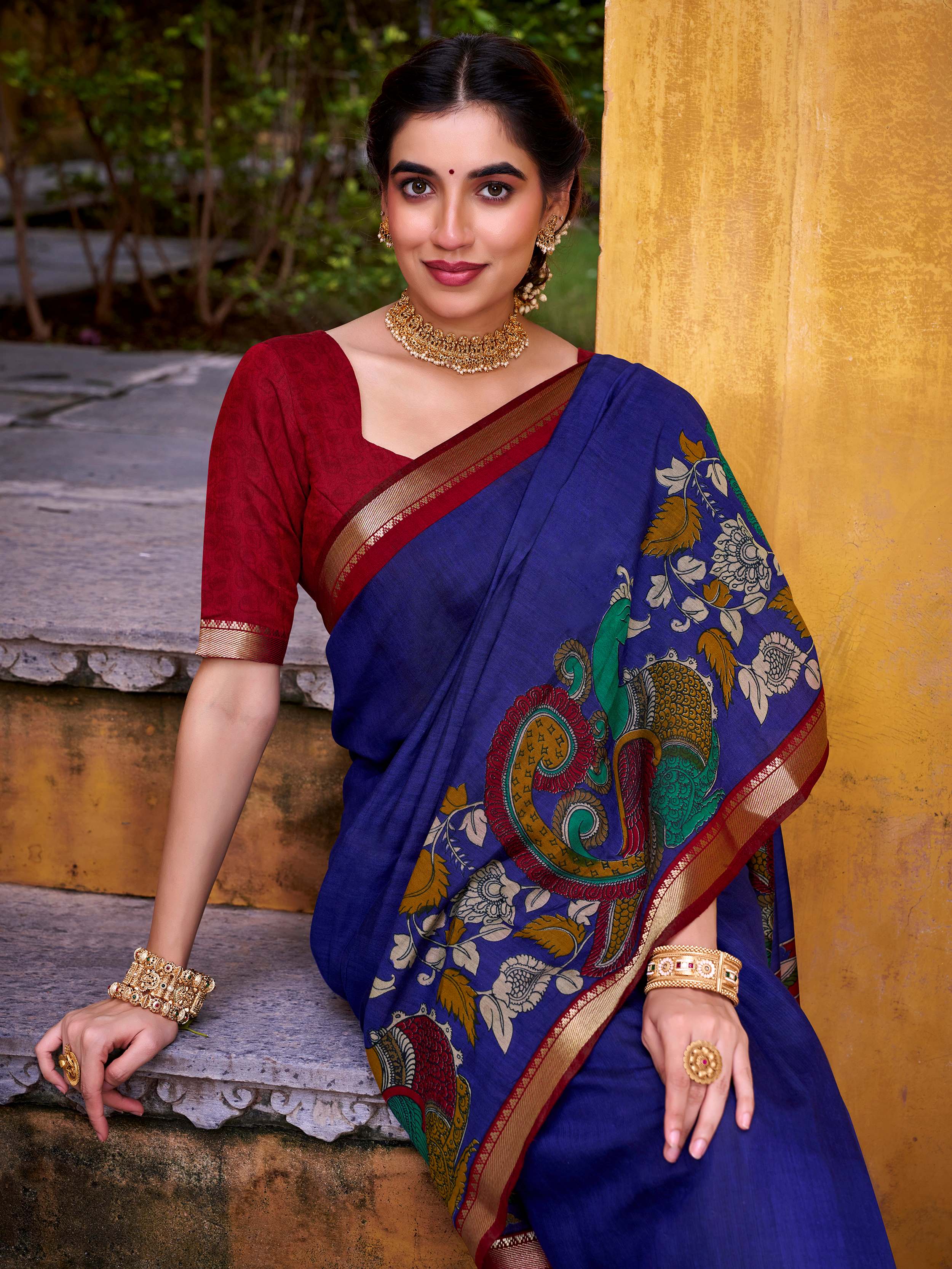 Blue viscose Chanderi Kalamkari print zari weaving saree