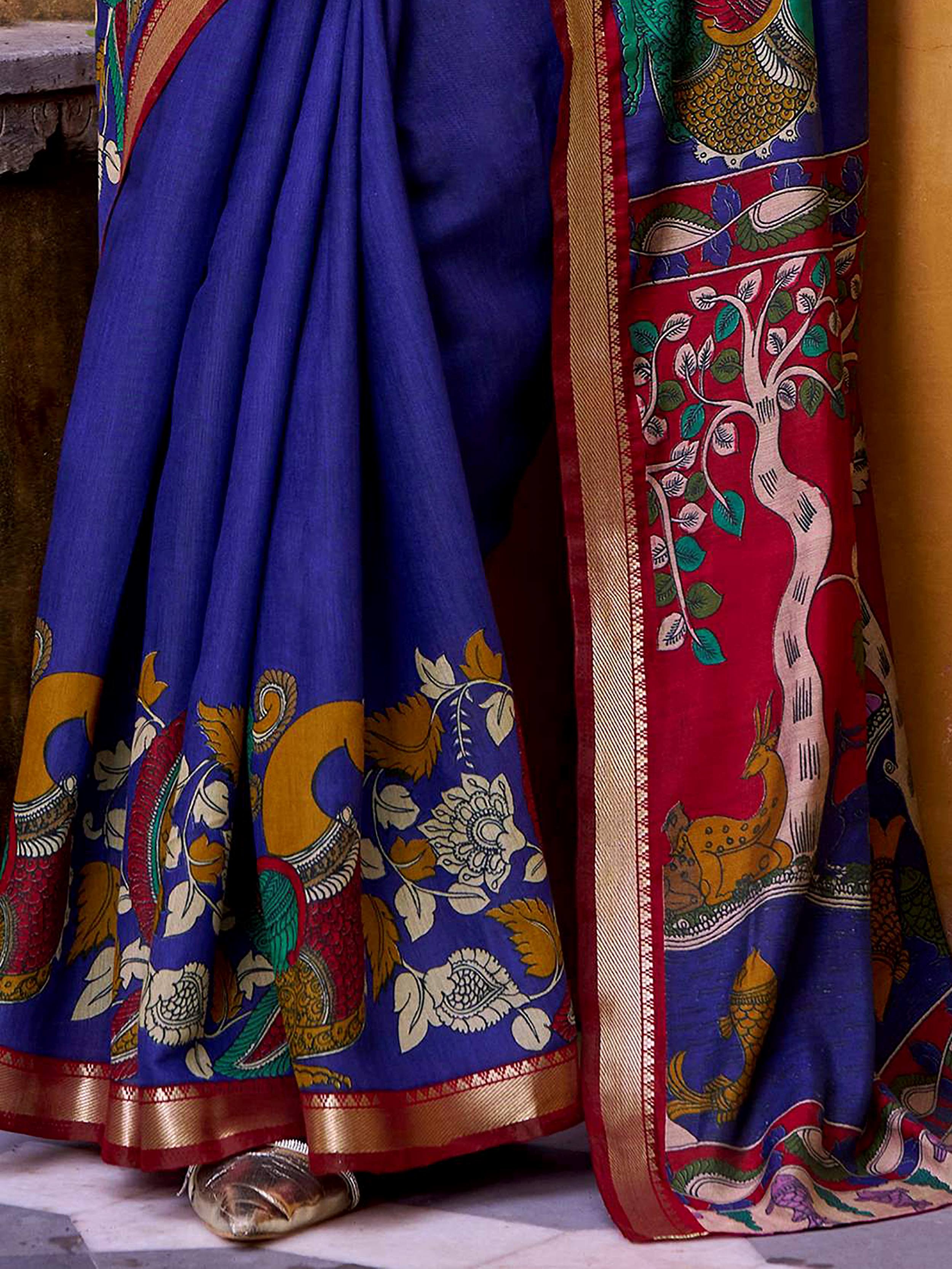 Blue viscose Chanderi Kalamkari print zari weaving saree
