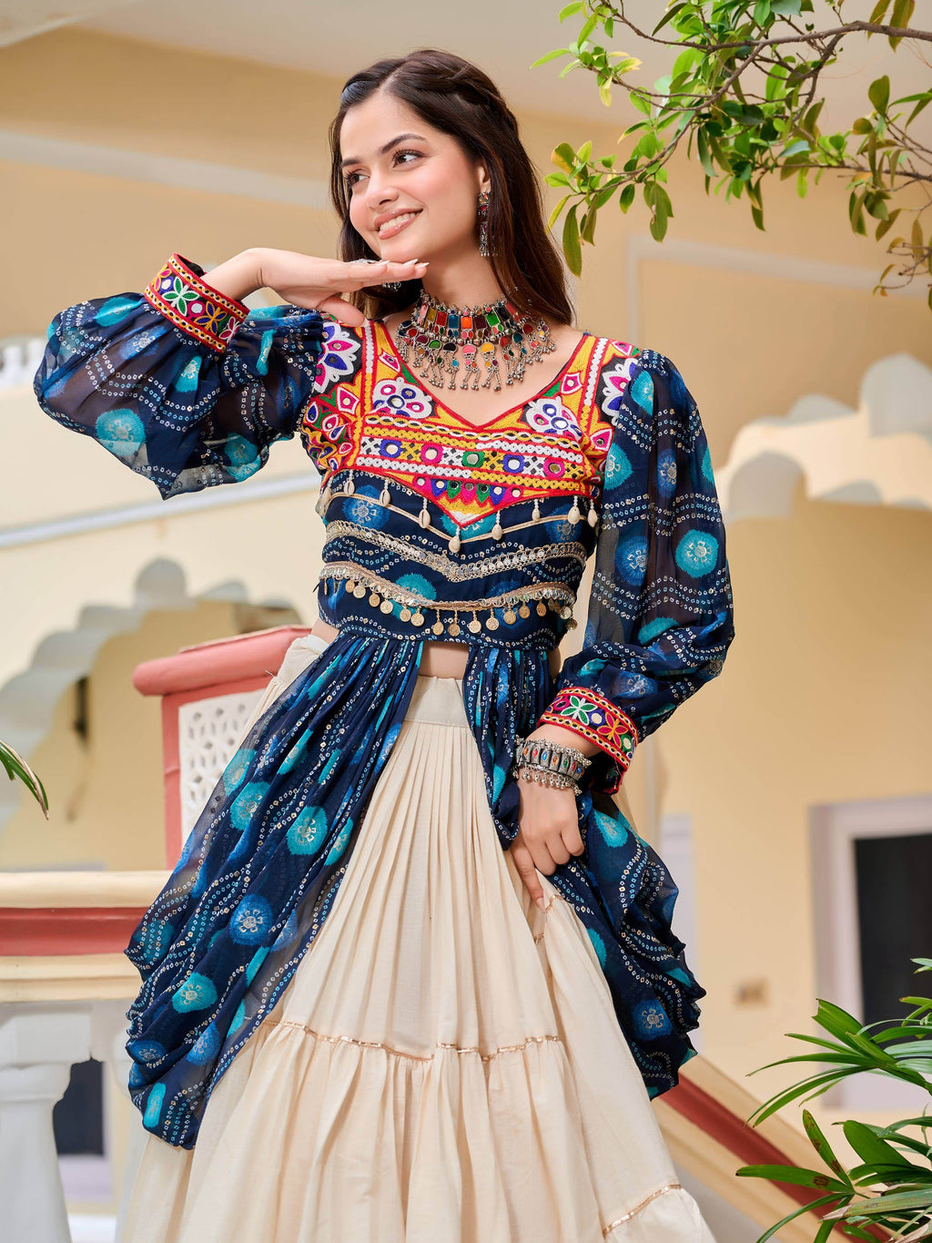 Blue cotton Gamthi mirror and ribbon lace work lehenga shrug set