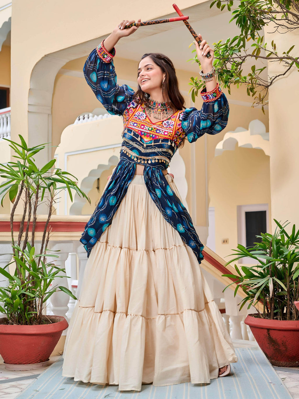 Blue cotton Gamthi mirror and ribbon lace work lehenga shrug set