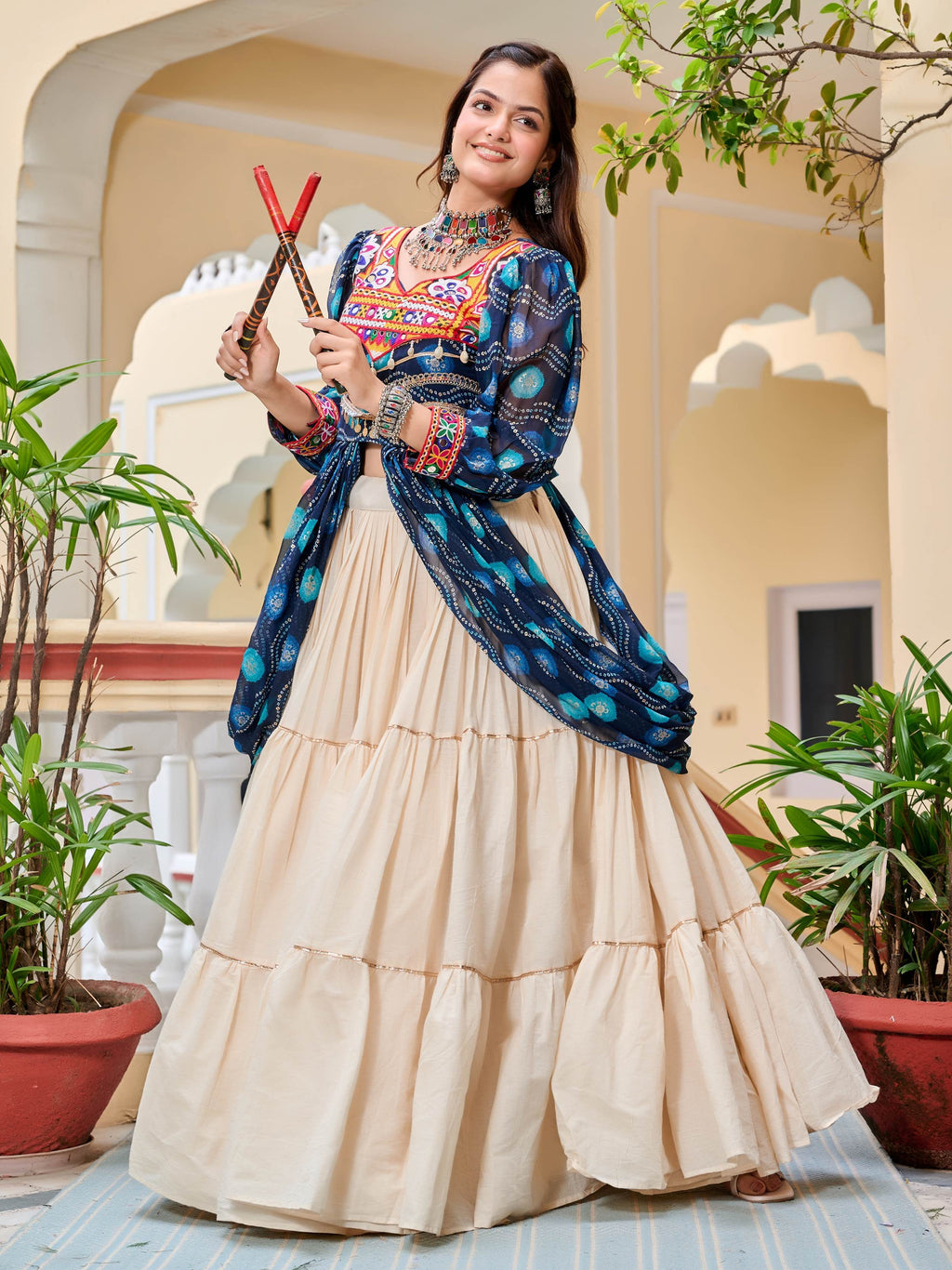 Blue cotton Gamthi mirror and ribbon lace work lehenga shrug set