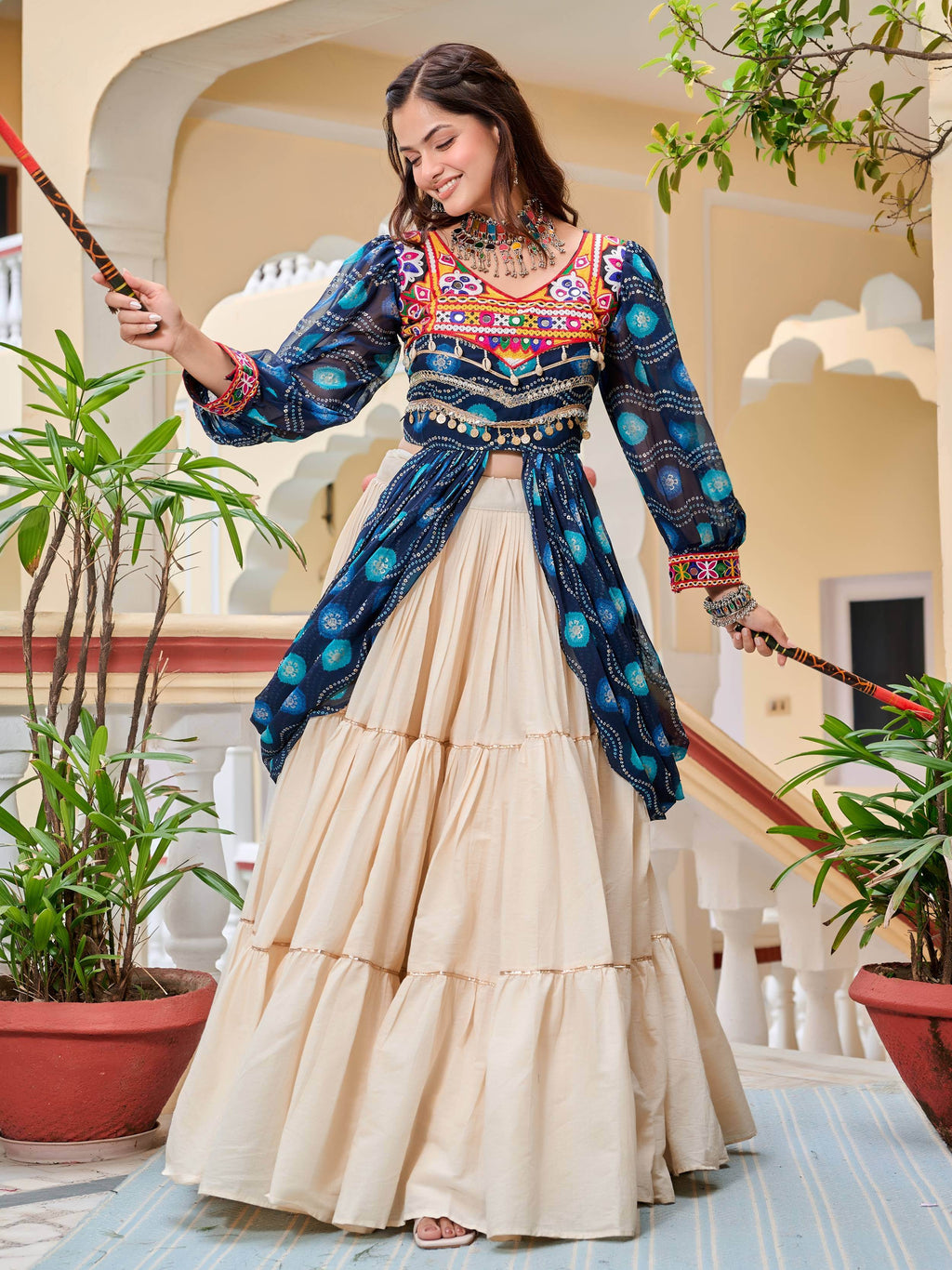 Blue cotton Gamthi mirror and ribbon lace work lehenga shrug set